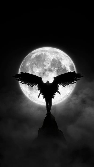 man,wings,moon,black and white