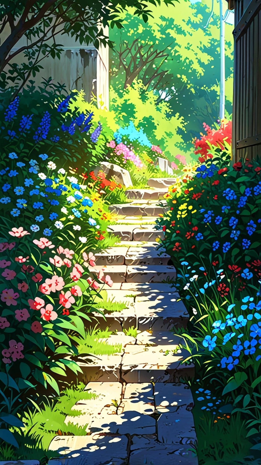 Stone steps curve through a dense garden of pink, blue, and yellow flowers under dappled afternoon sunlight.