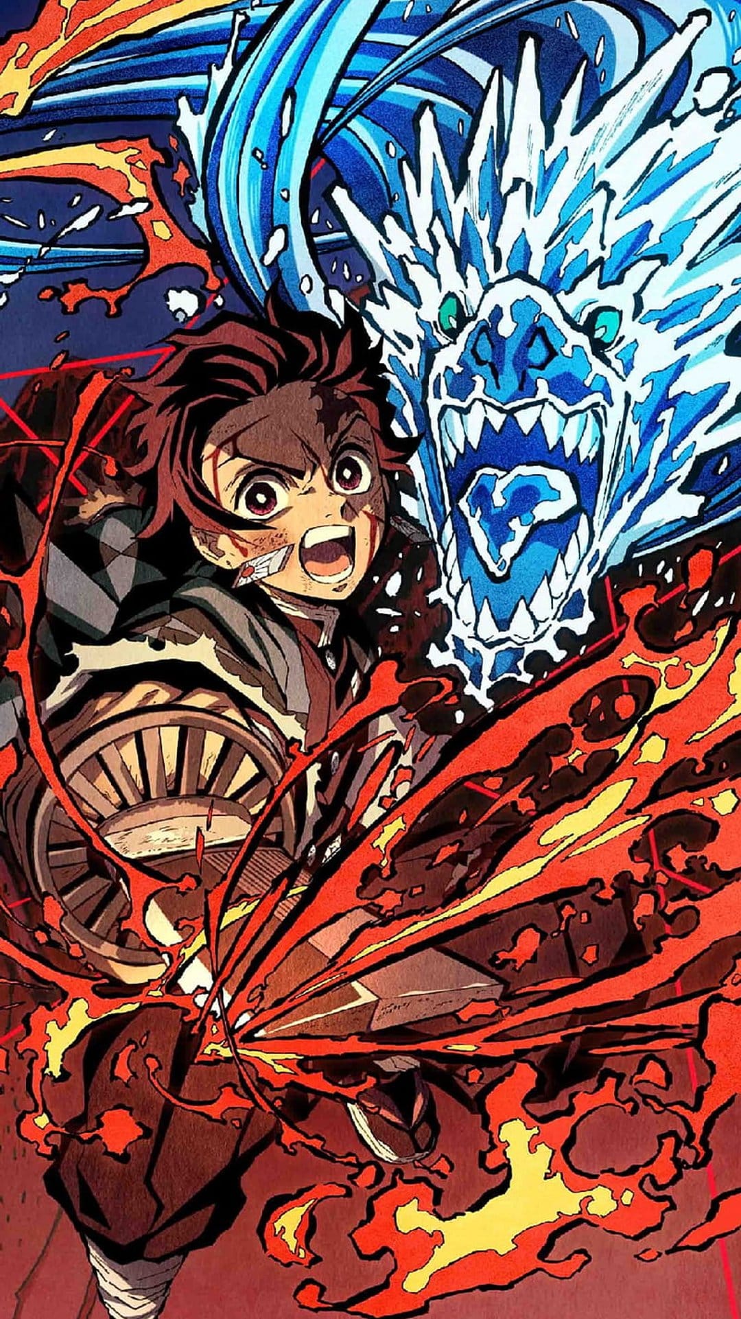 Tanjiro Kamado leaps forward with a blue water dragon spiraling around his blade toward glowing orange flames.