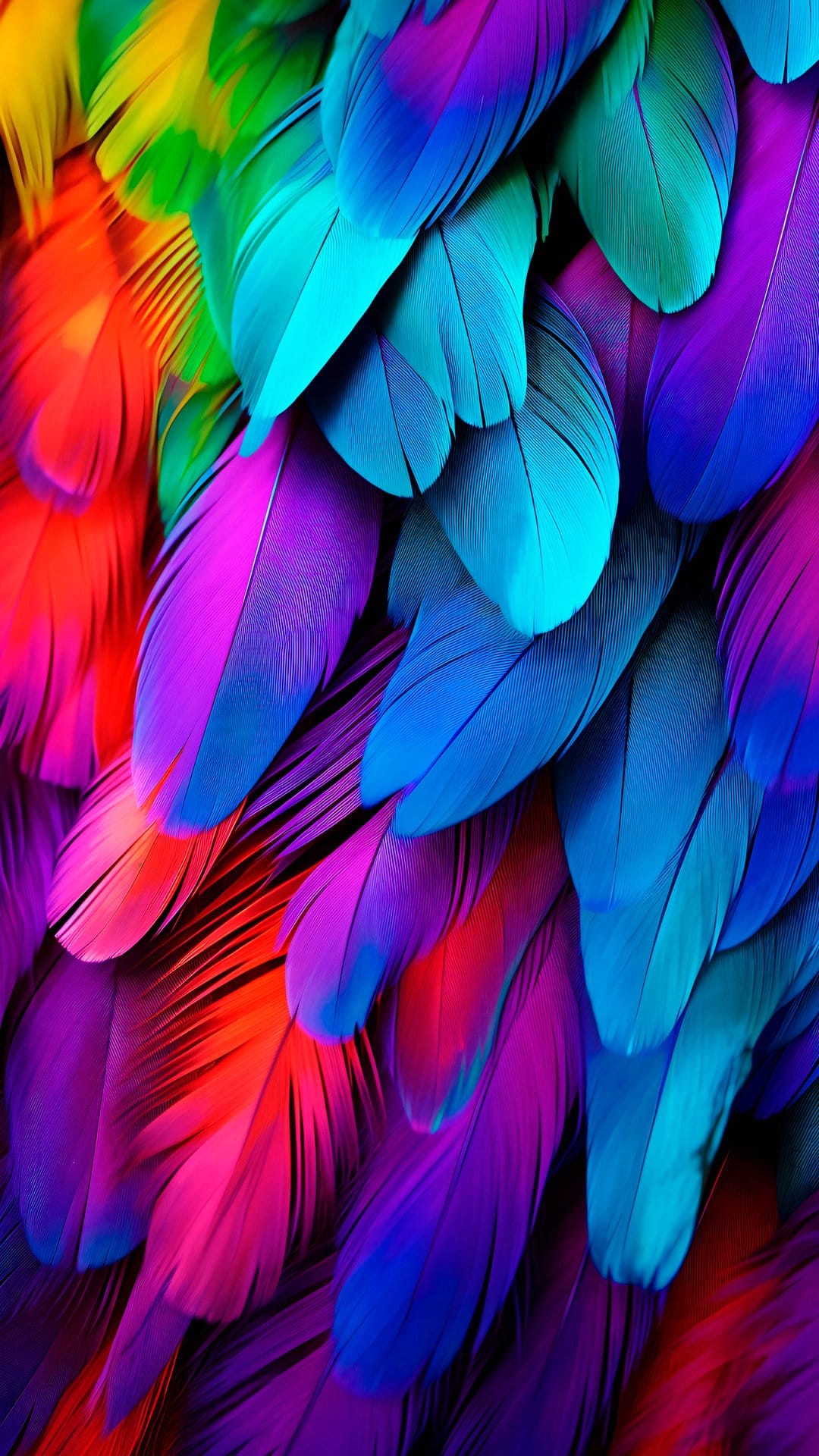 Multicolored bird feathers with fine textures overlap in a diagonal pattern featuring red, blue, and green hues.