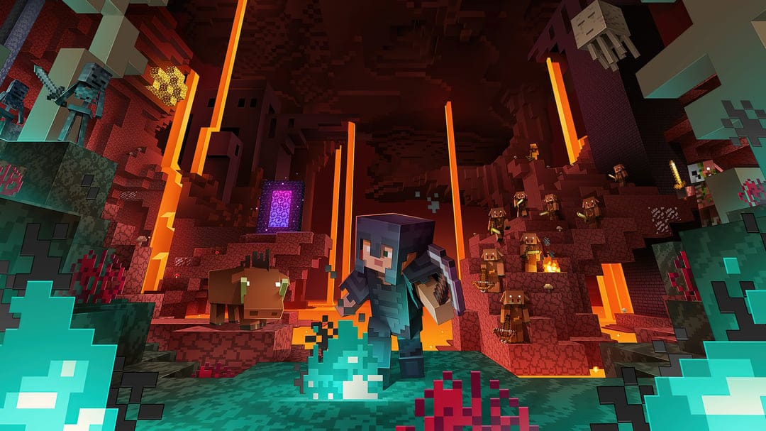 Minecraft Nether landscape featuring glowing orange lava flows, dark basalt pillars, and blocky voxel terrain.