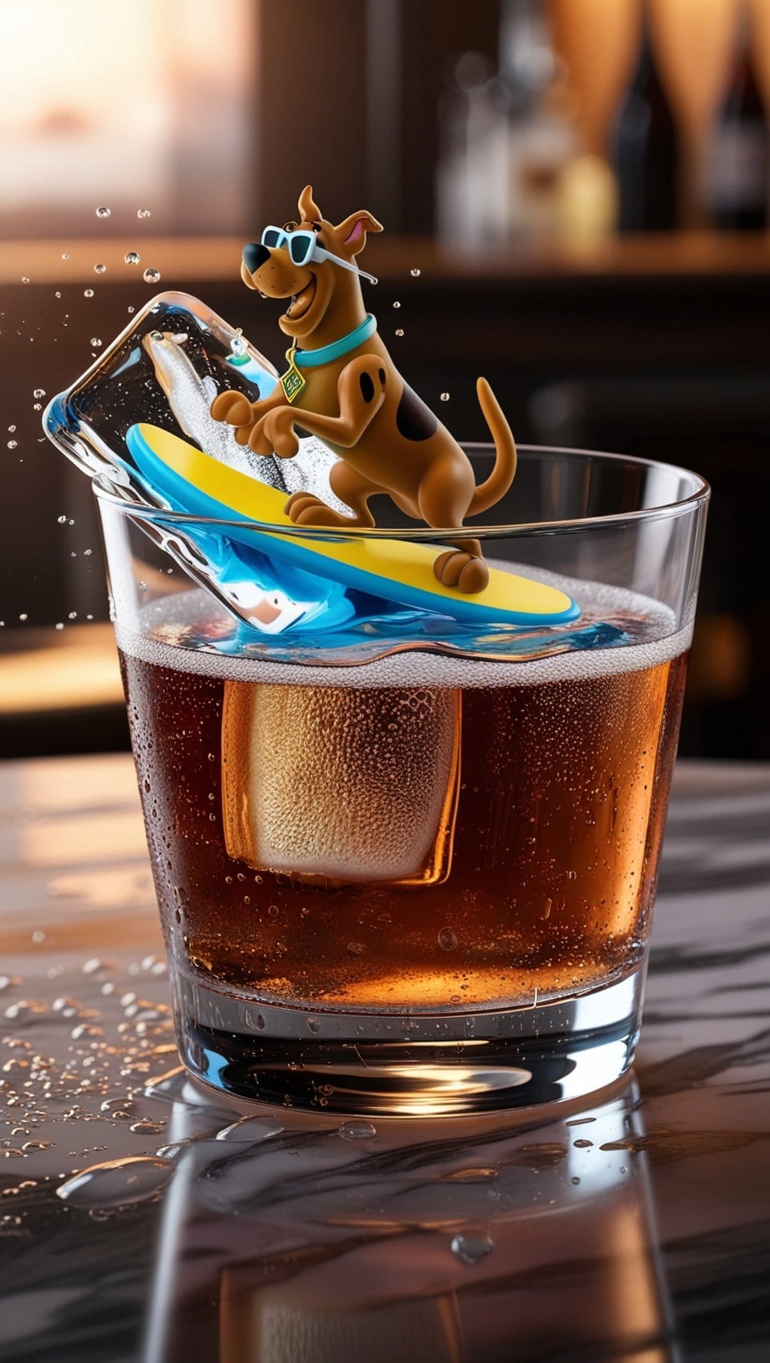 Scooby-Doo surfs on a blue board atop a clear ice cube inside a bubbly amber glass with liquid splashes.