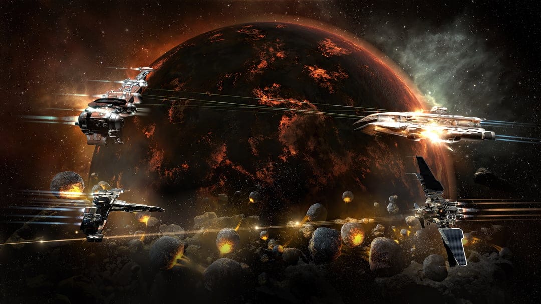 Detailed starships fire lasers during an epic space battle over a molten planet within a dense asteroid field.