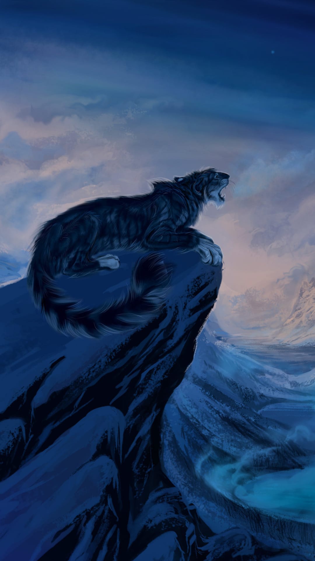 Black wildcat with an open mouth roars from a snowy mountain peak under a blue twilight sky with a faint star.