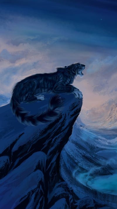 wildcat, fantasy art, digital painting, mountains, night, snow, roar, wilderness, blue, powerful, dark, creature, majestic, solitary, wild, cold, mystical, animal, landscape, sky