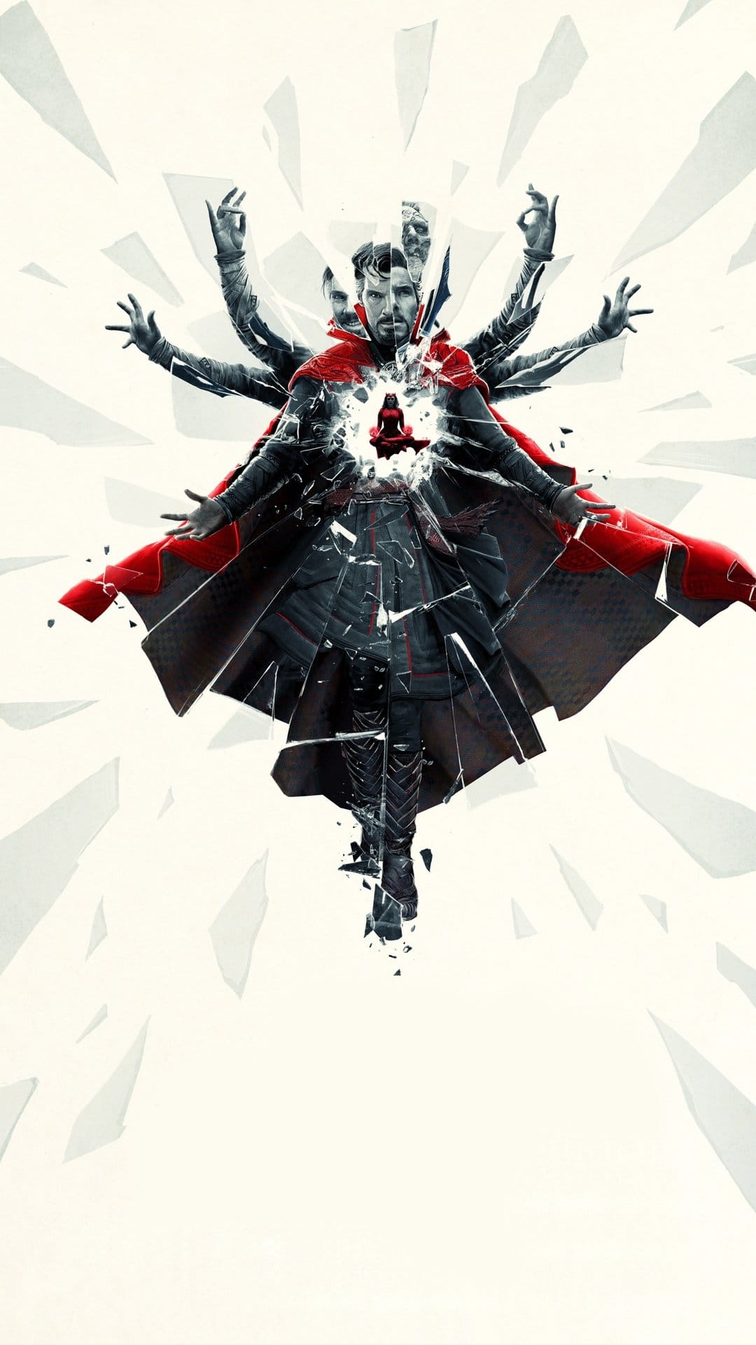Doctor Strange in a red cloak appears fractured across shattered glass reflections against a white backdrop.