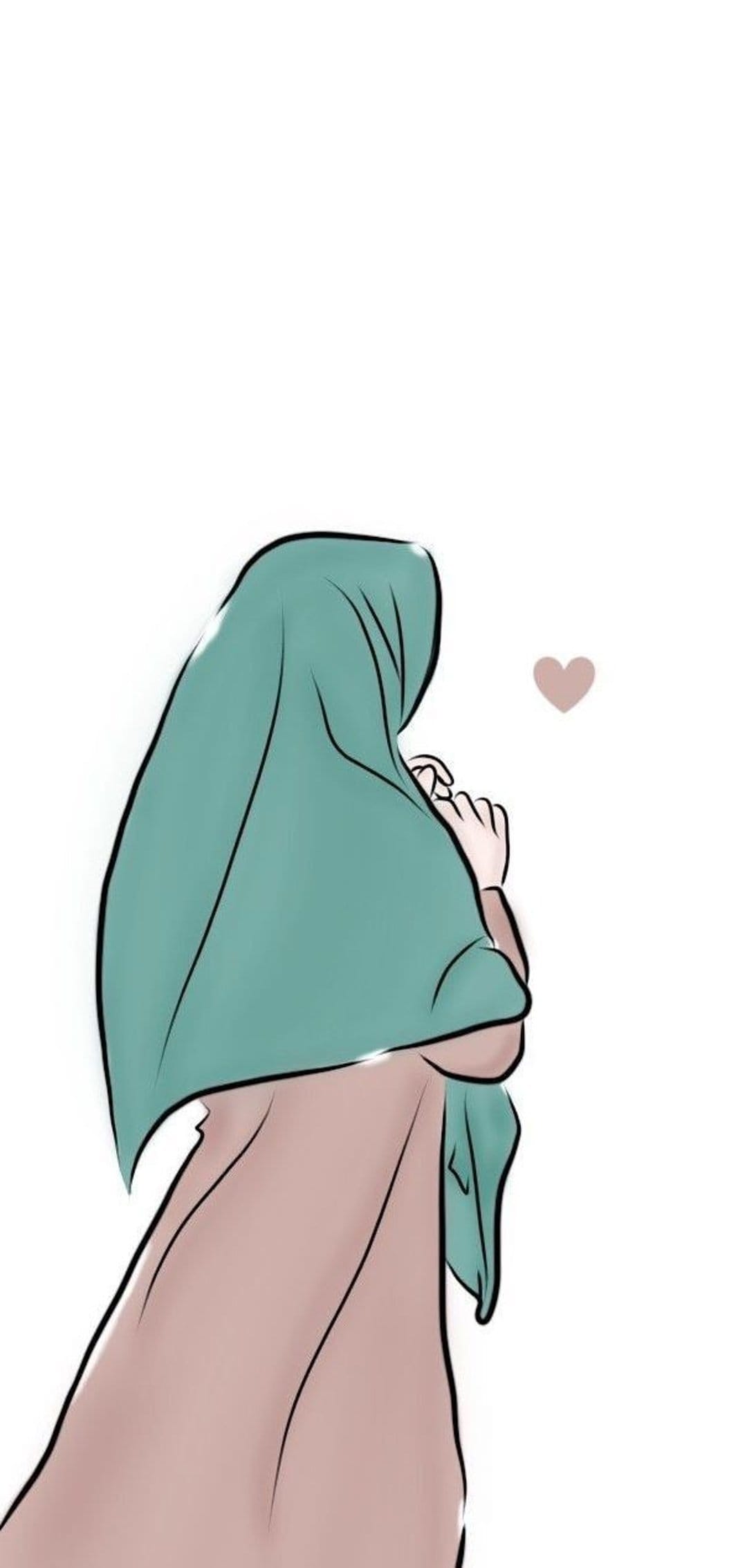 Woman in a turquoise hijab seen from behind with hands clasped next to a floating pink heart on white background.
