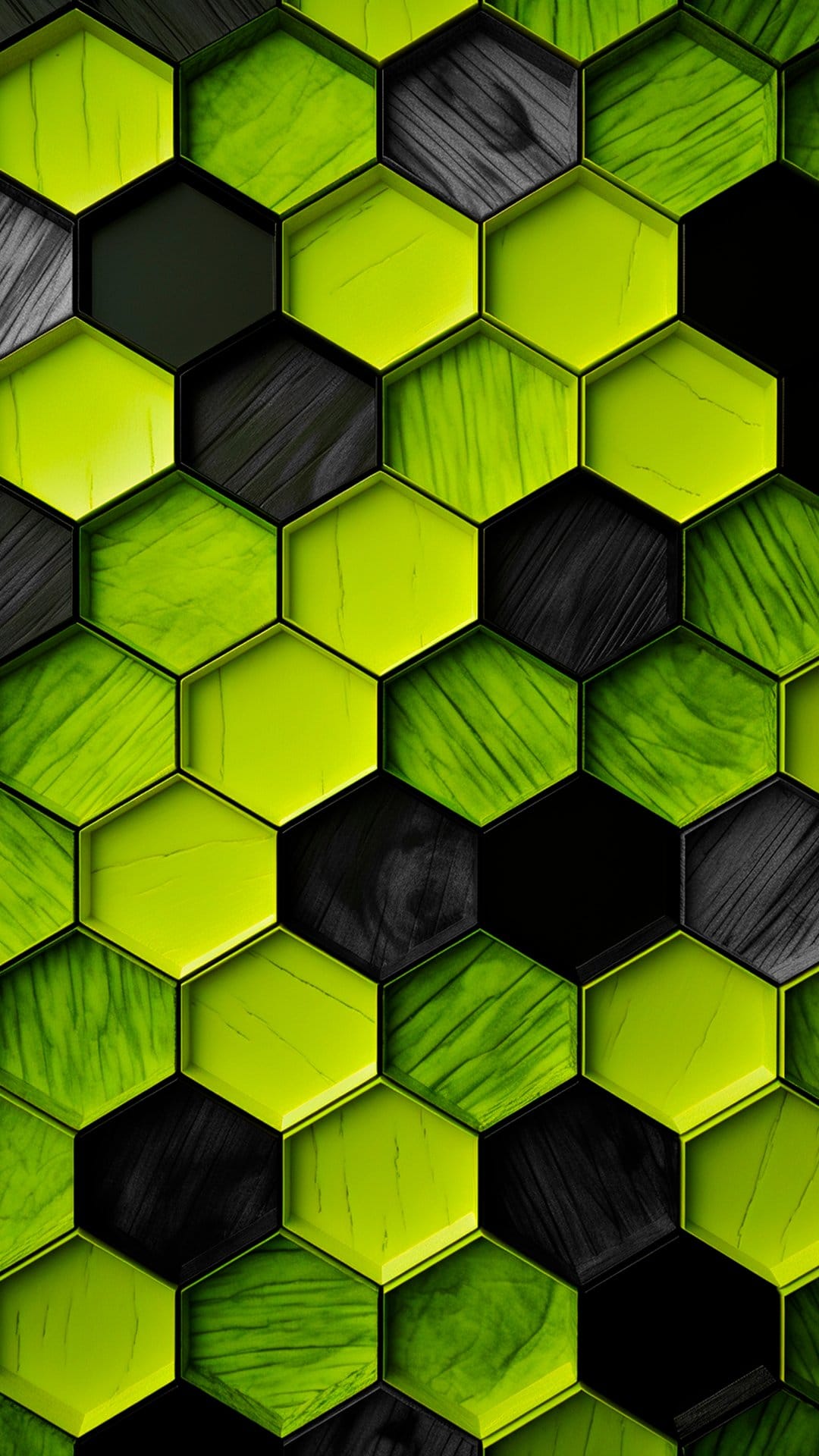 Interlocking lime green glossy hexagons and black wood grain tiles form a high-contrast geometric honeycomb grid.