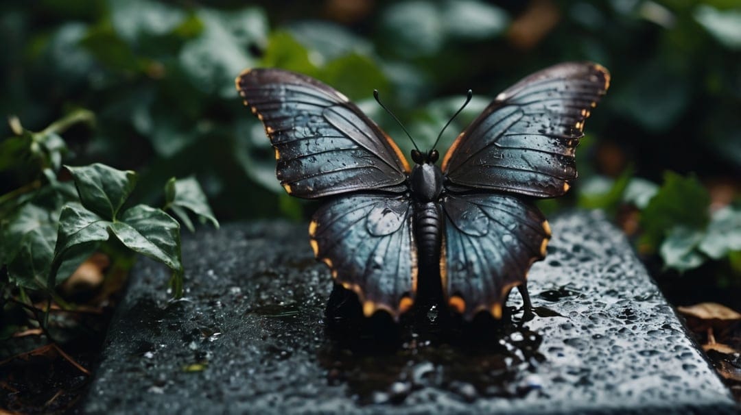 Blue butterfly with iridescent wings rests on a dark wet rock covered in water droplets against green foliage.