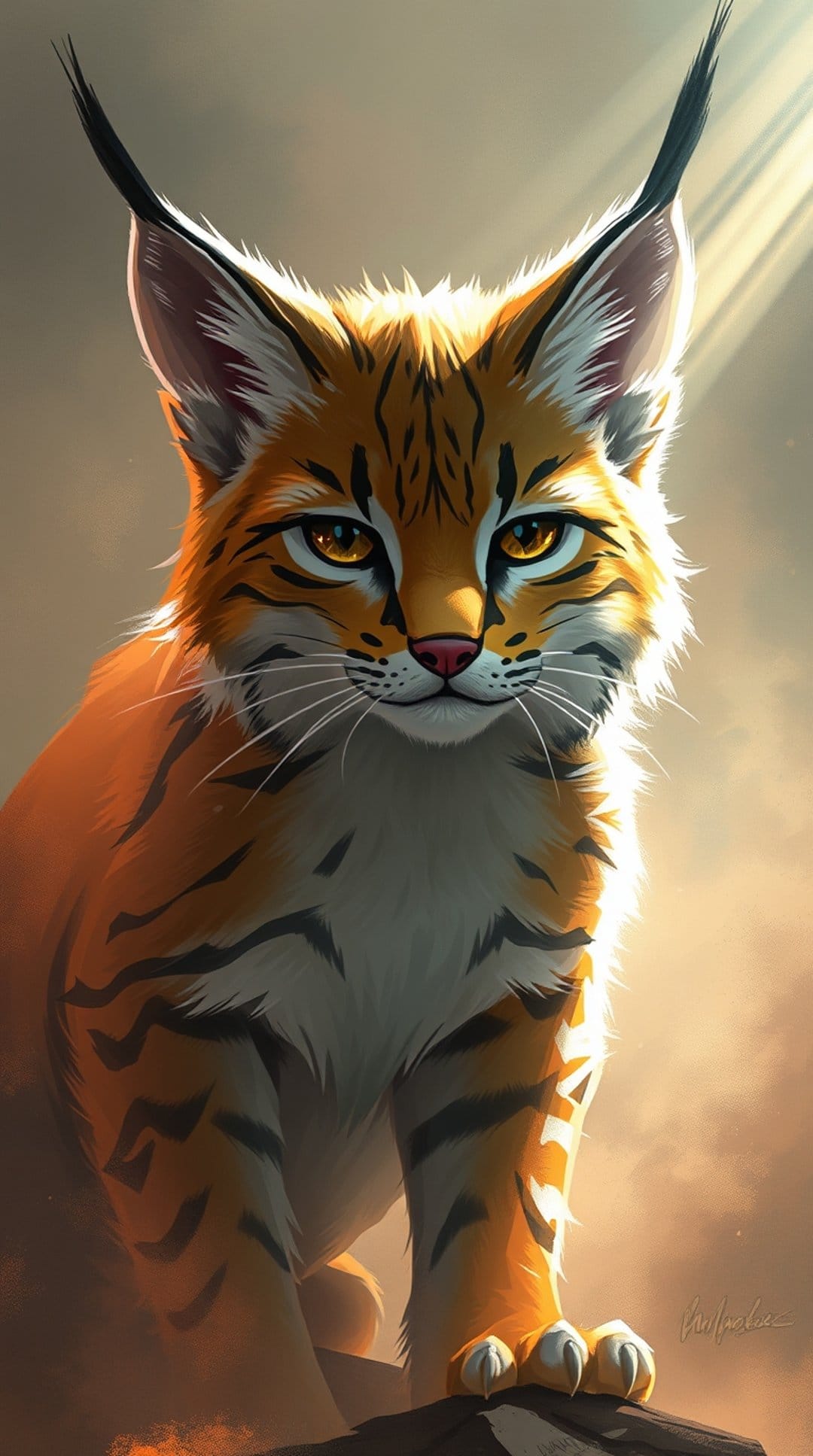 Lynx with tiger stripes and tufted ears stares forward as golden light reflects in its piercing amber eyes.