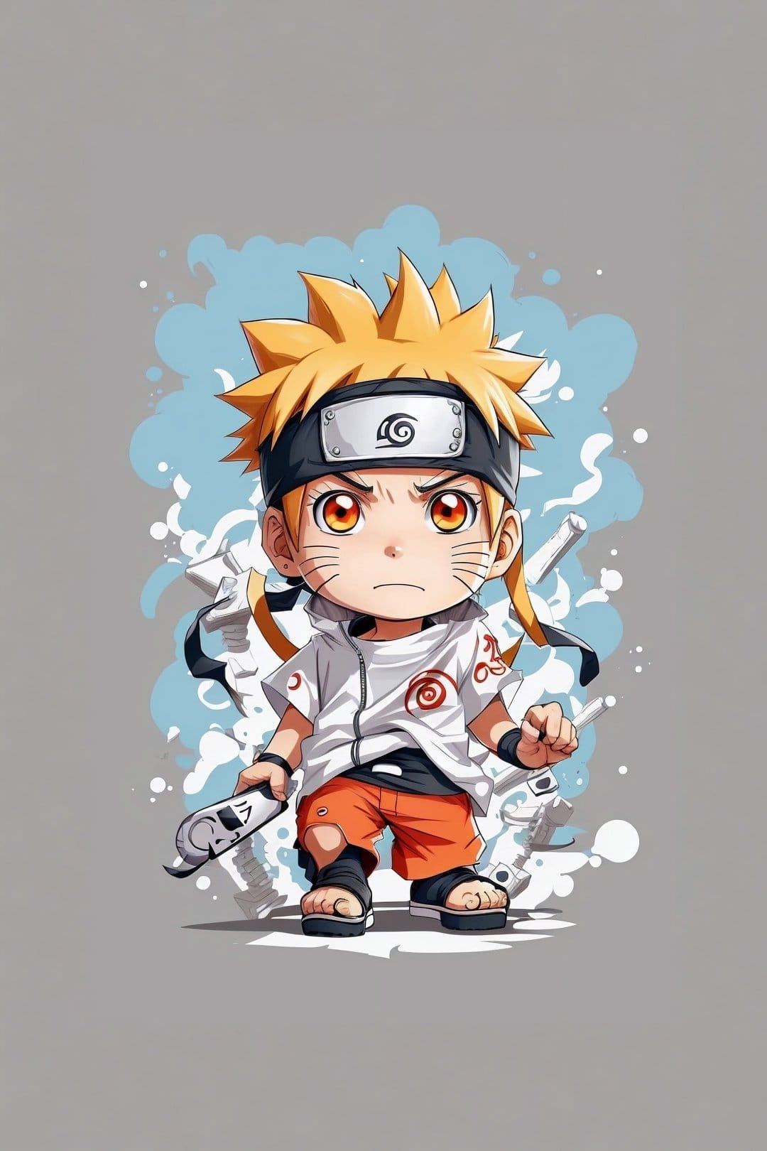 Naruto Uzumaki in chibi form with spiky blonde hair and an orange jumpsuit showing a determined face.