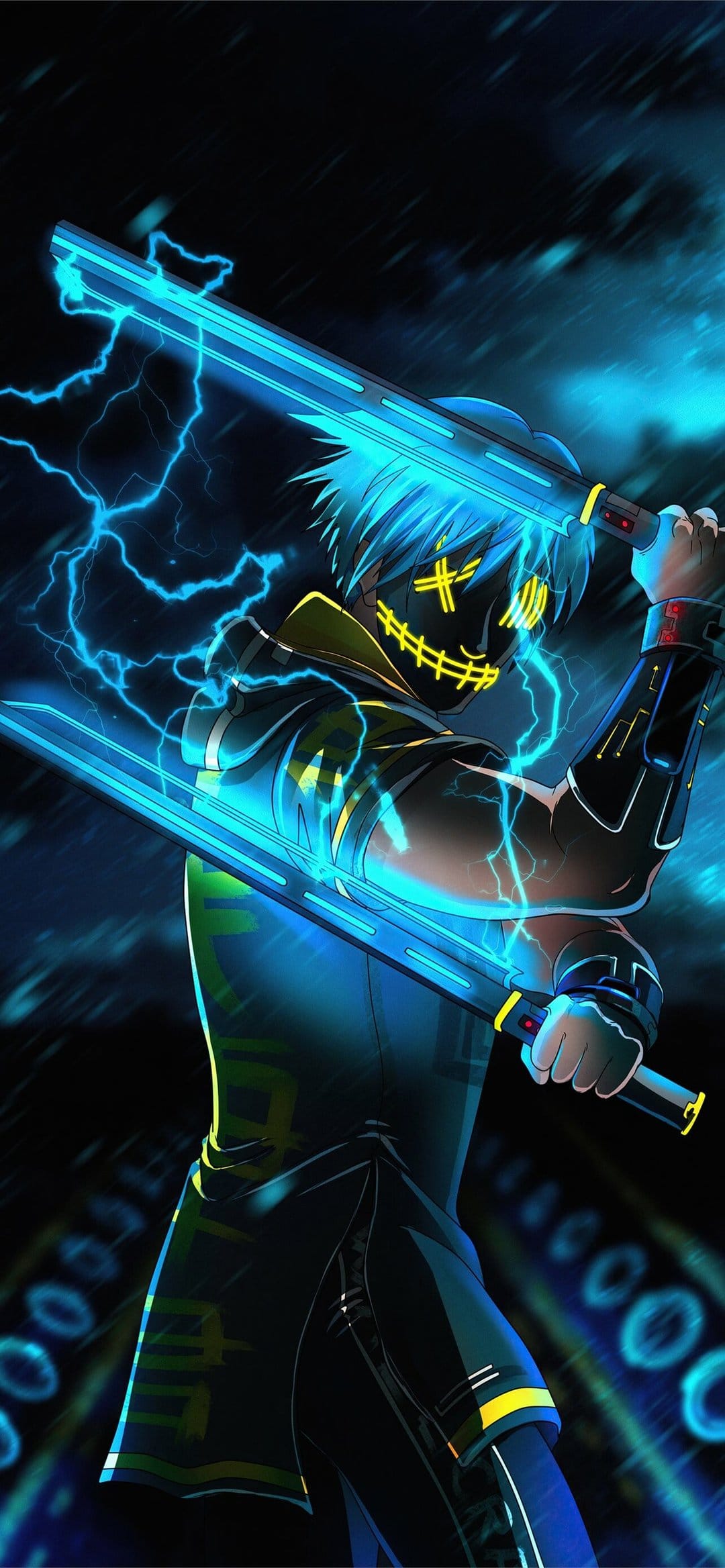 Anime swordsman in a glowing yellow mask holding two electric blue katanas with crackling lightning.