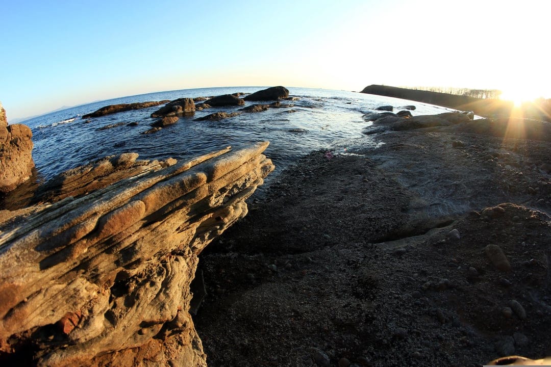 Jagged dark rocks reflect golden sunlight as gentle ocean waves wash over a coastal shore at break of dawn.
