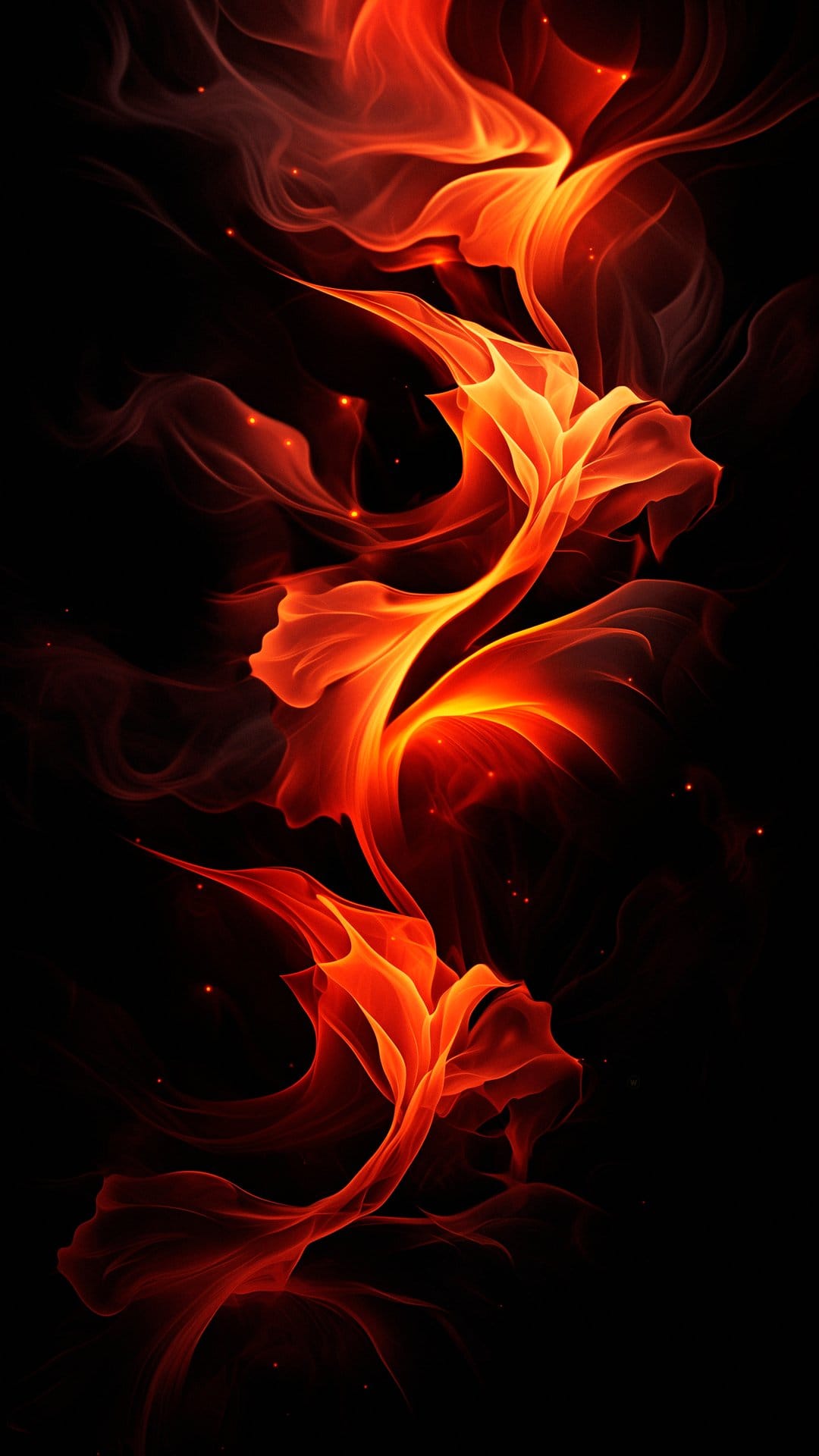 Red and orange fire swirls dance with glowing embers and smoke wisps against a solid black background.