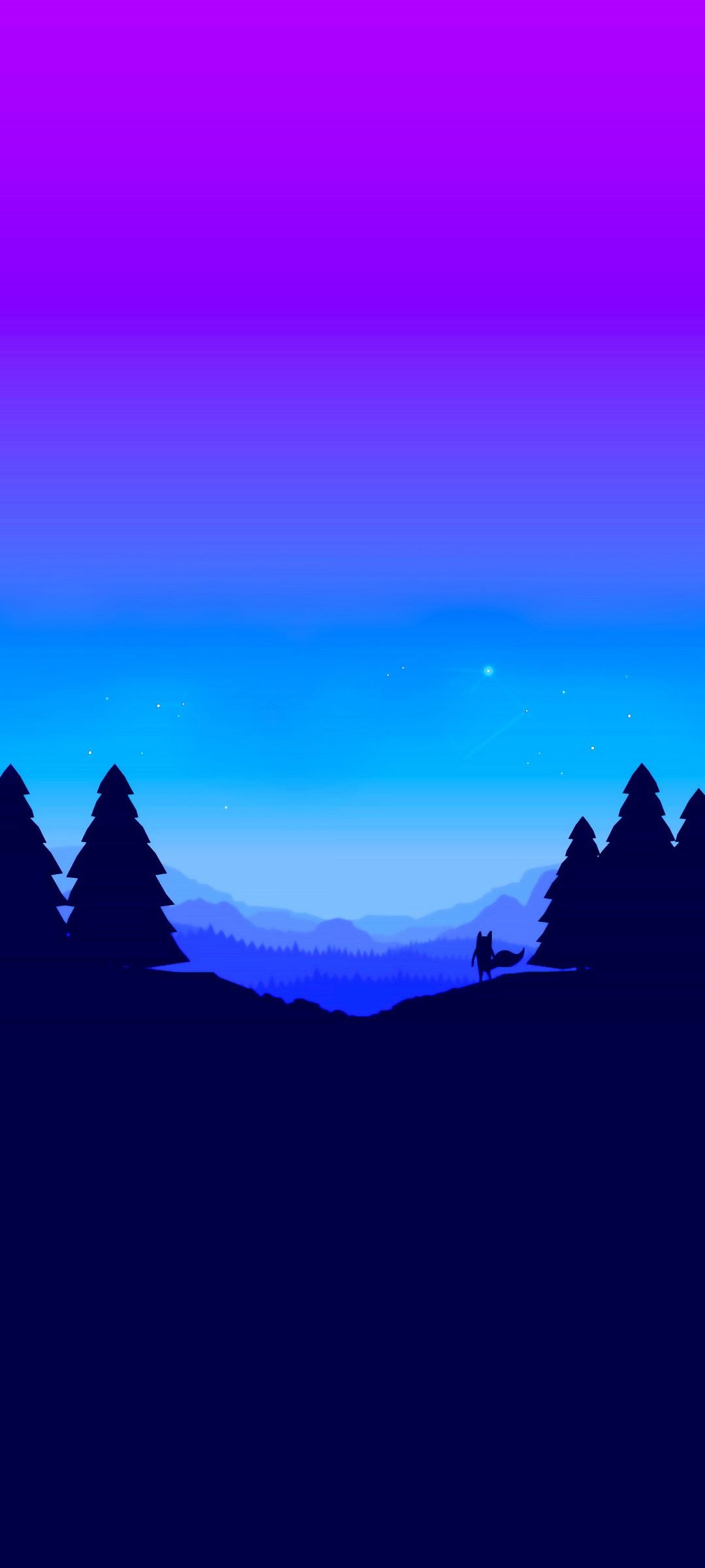 Lone fox silhouette stands on a mountain ridge under a vibrant purple and blue starry neon gradient sky.