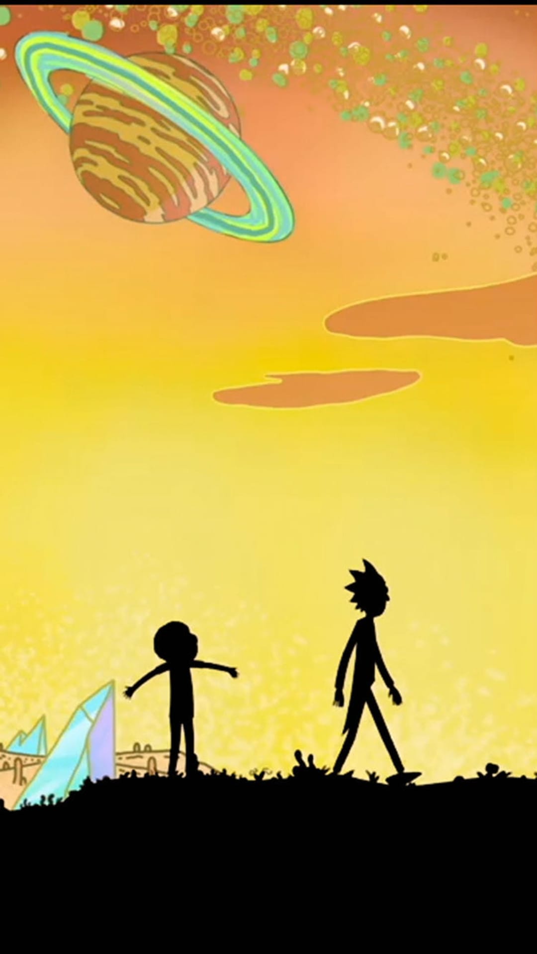 Rick and Morty silhouettes trek through a glowing alien landscape beneath a giant ringed moon and orange sky.