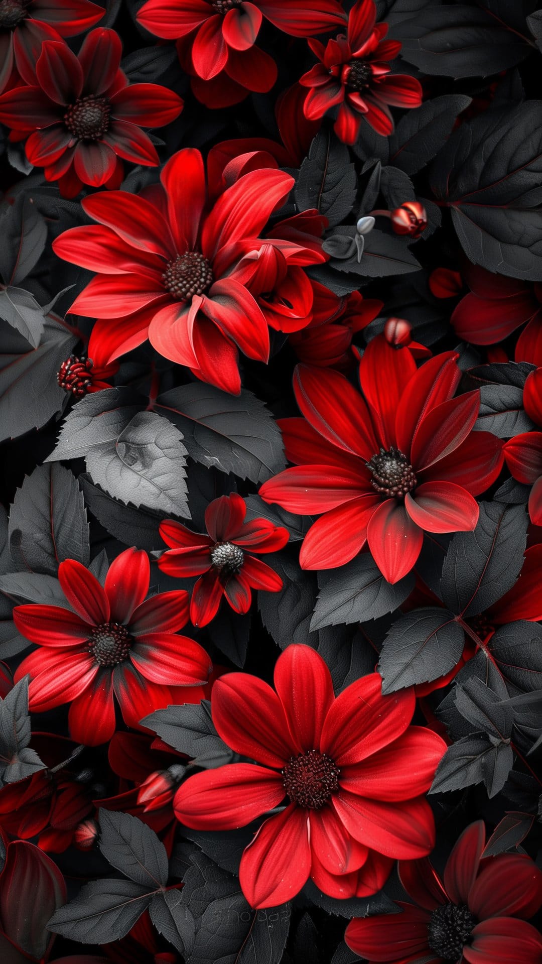 Vibrant red dahlia flowers with velvety petals against a background of dark desaturated leaves in close-up.
