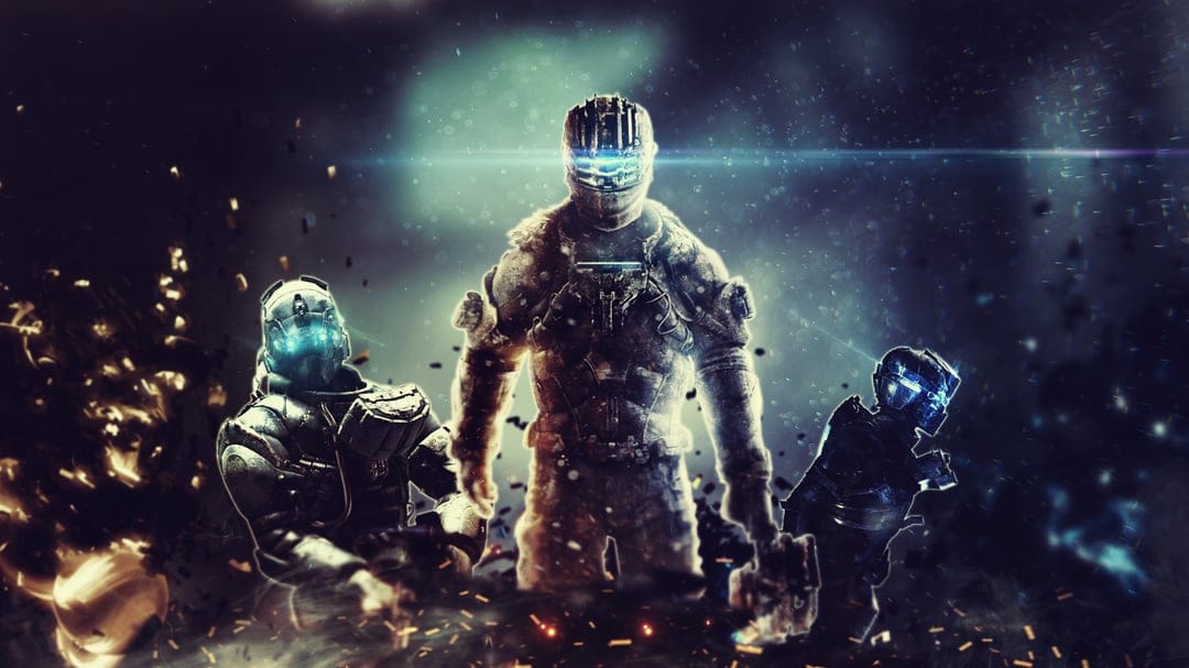 Three armored space soldiers with glowing blue visors standing in a dark, particle-filled sci-fi environment.