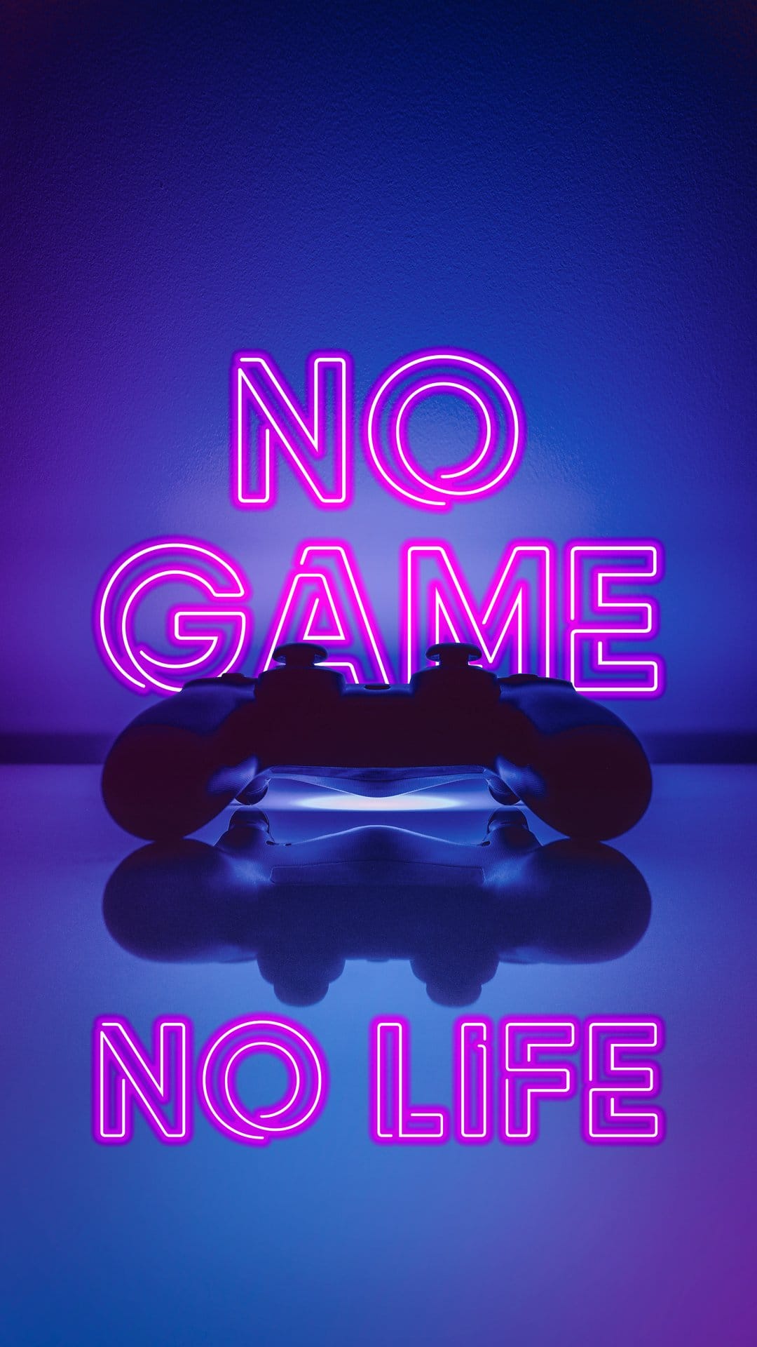 Luminous neon video game controller centers a purple gradient background with glowing pink text reading No Game No Life