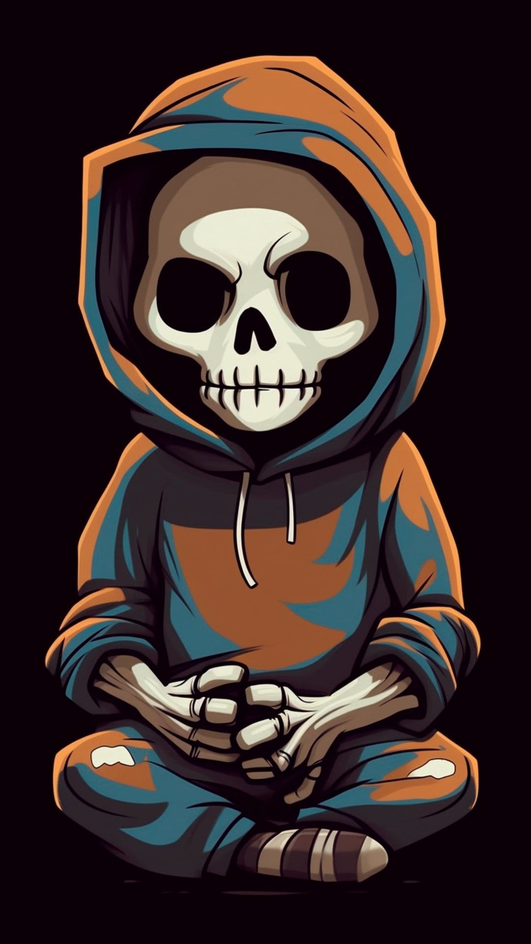 Skeleton wearing a teal and orange hoodie meditates with clasped hands in a calm, dark, stylized atmosphere.