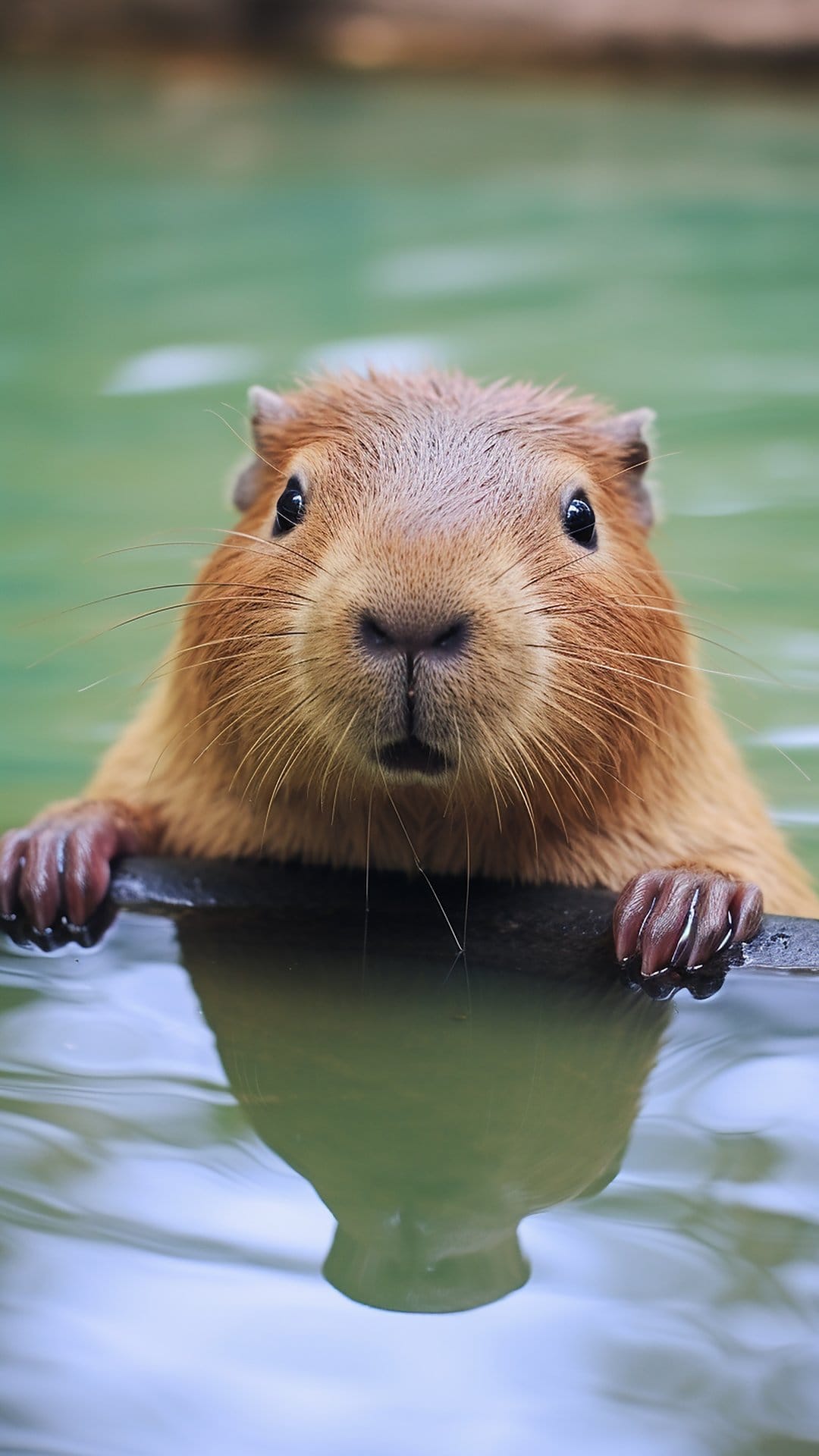 Capybara with brown fur rests paws on a log in green water, showing a clear reflection on the calm surface.