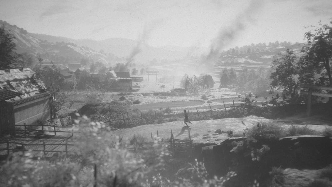 Lone figure running through a misty Japanese village landscape with mountains and torii gate in black and white.
