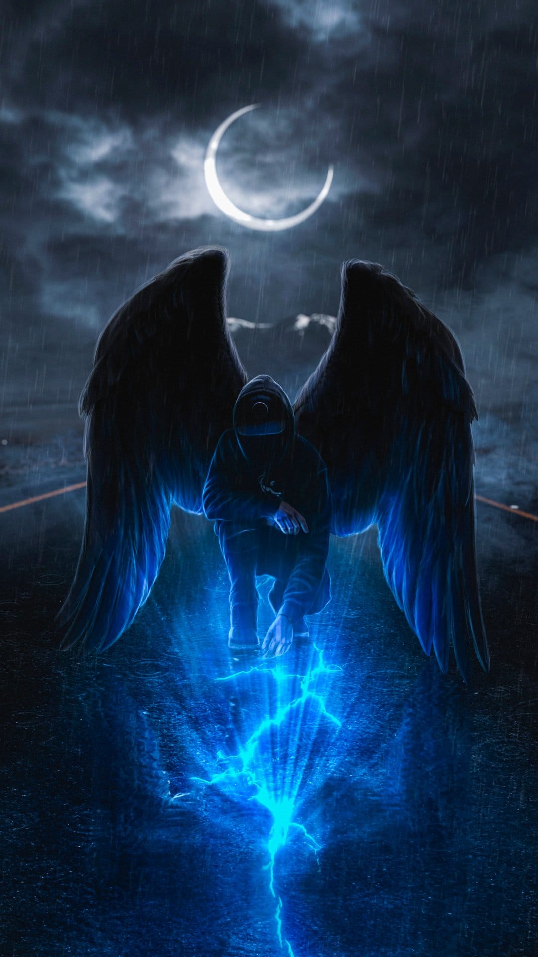 Hooded angel with large dark wings kneels on stormy ground as blue lightning bolts strike near a crescent moon.