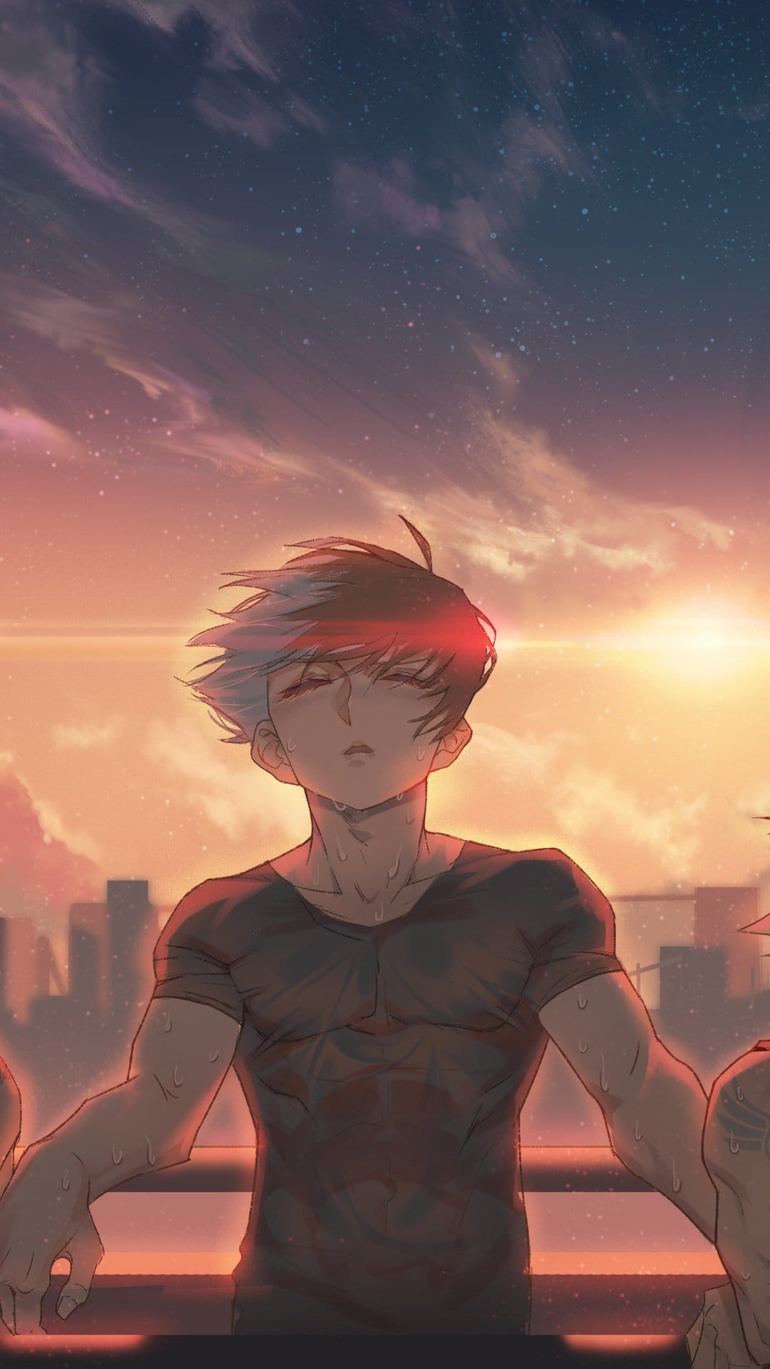 Young man with white streaks in his hair observes a glowing city sunrise reflecting off his calm eyes.