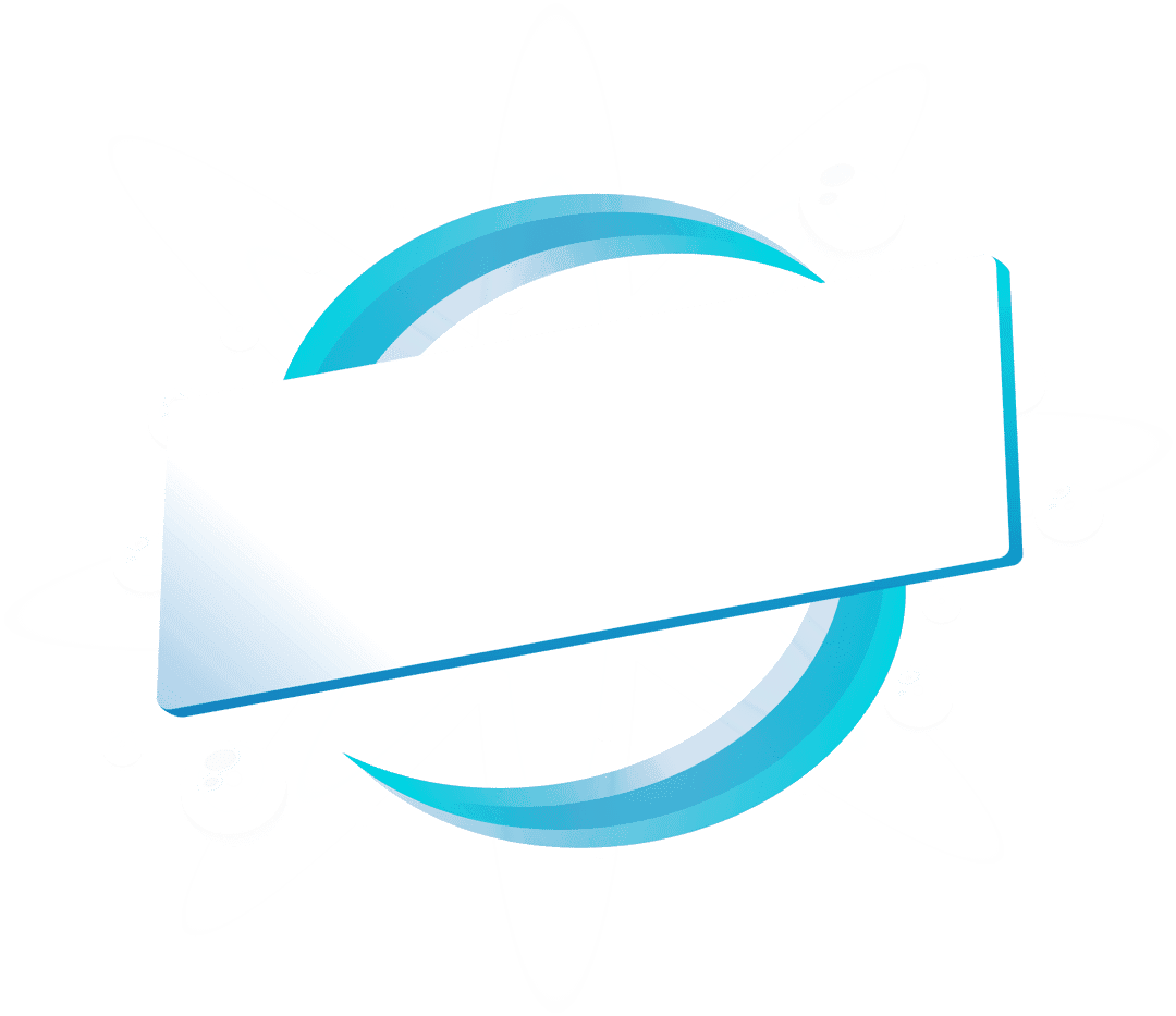 Blue rectangular frame surrounding a thin white circular line ring on a flat professional background.