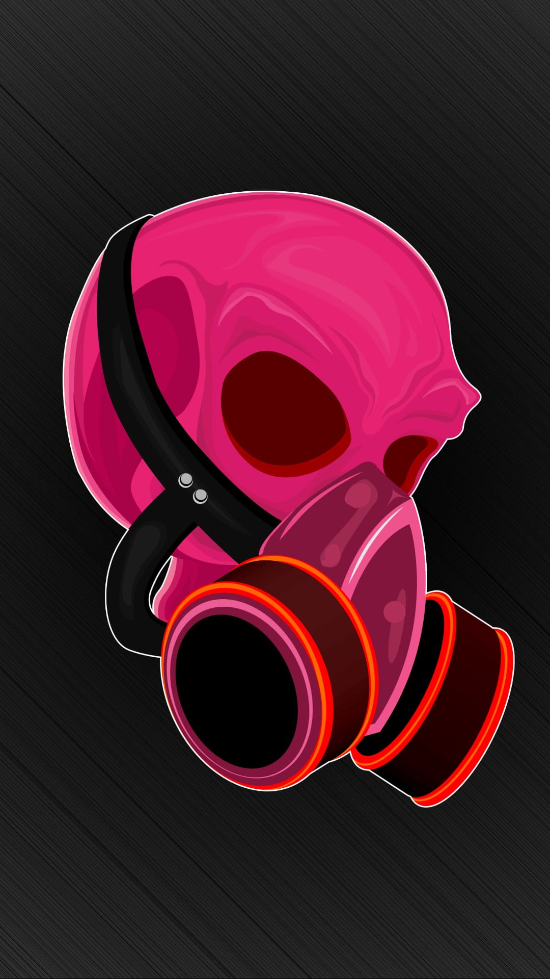 Pink skull wearing a black gas mask with red lenses and glowing orange canisters on a dark textured background.