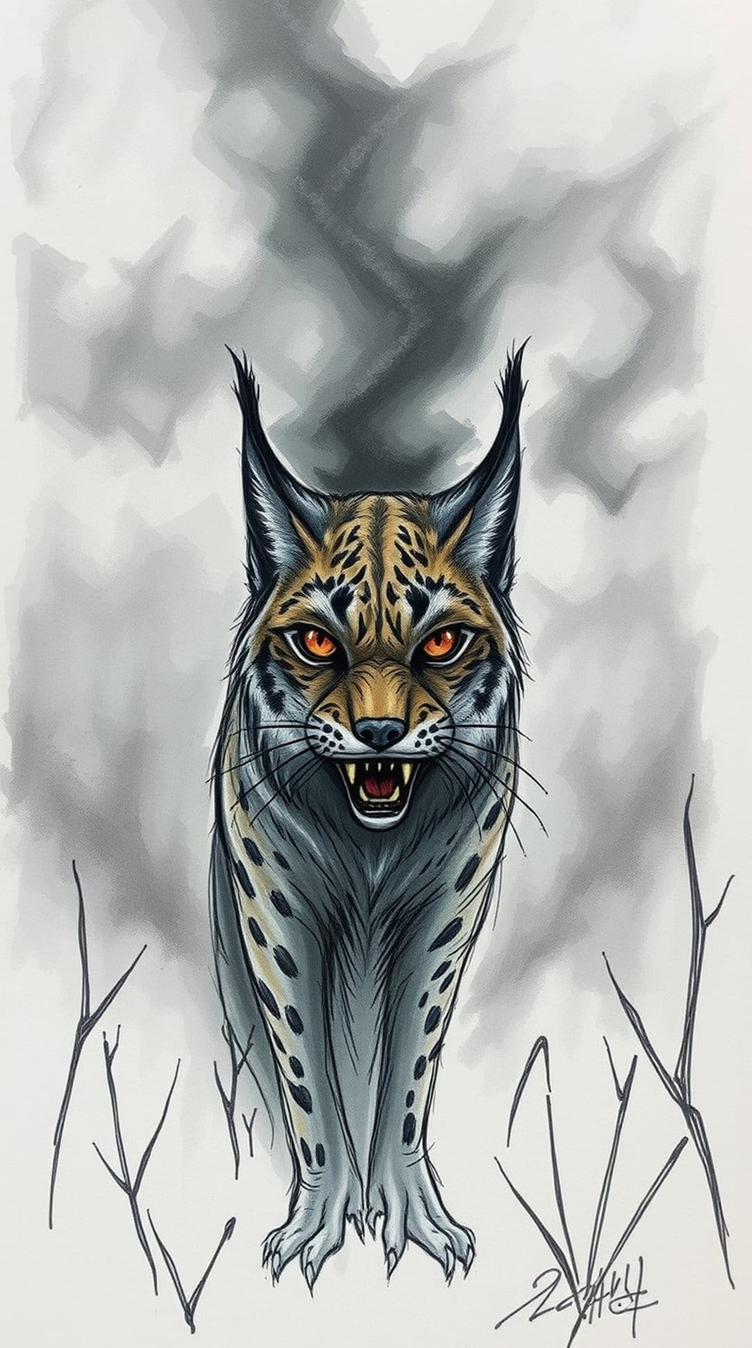 Snarling lynx with glowing orange eyes and spotted fur surrounded by thick grey smoke and bare leafless branches.