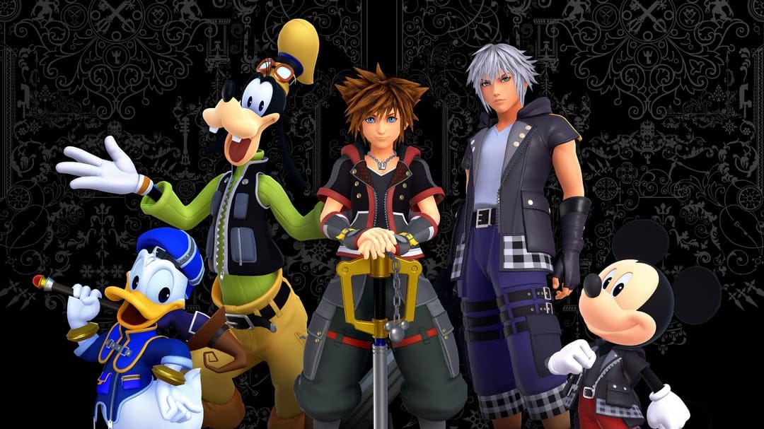 Sora, Riku, King Mickey, Donald, and Goofy pose with a Keyblade against a black ornate damask background.