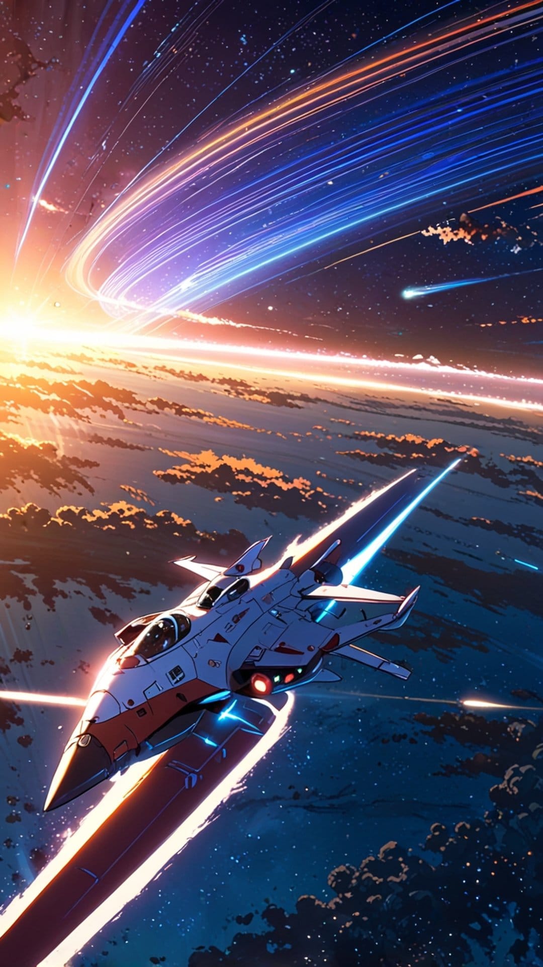 White starship with orange accents flying through blue light trails above a planet with glowing clouds and stars.