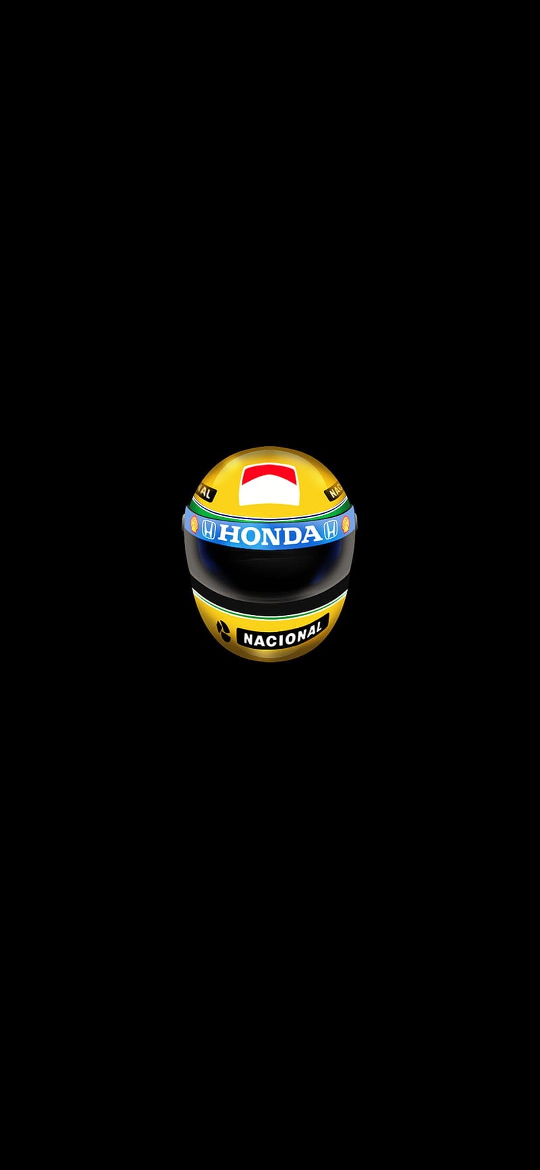 Ayrton Senna yellow racing helmet with Nacional and Honda logos, featuring a red Marlboro crest on top.
