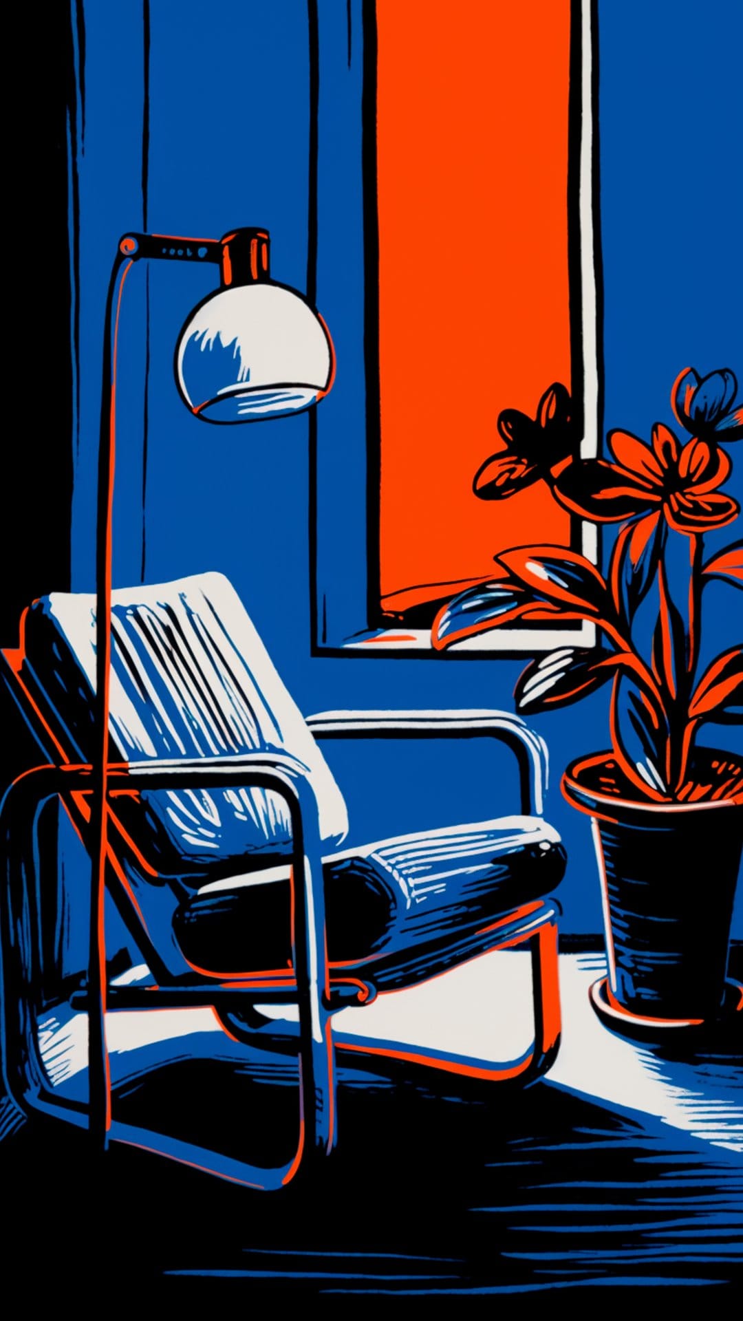 Blue and white striped armchair sits next to a black floor lamp and a leafy plant with sharp geometric shadows.
