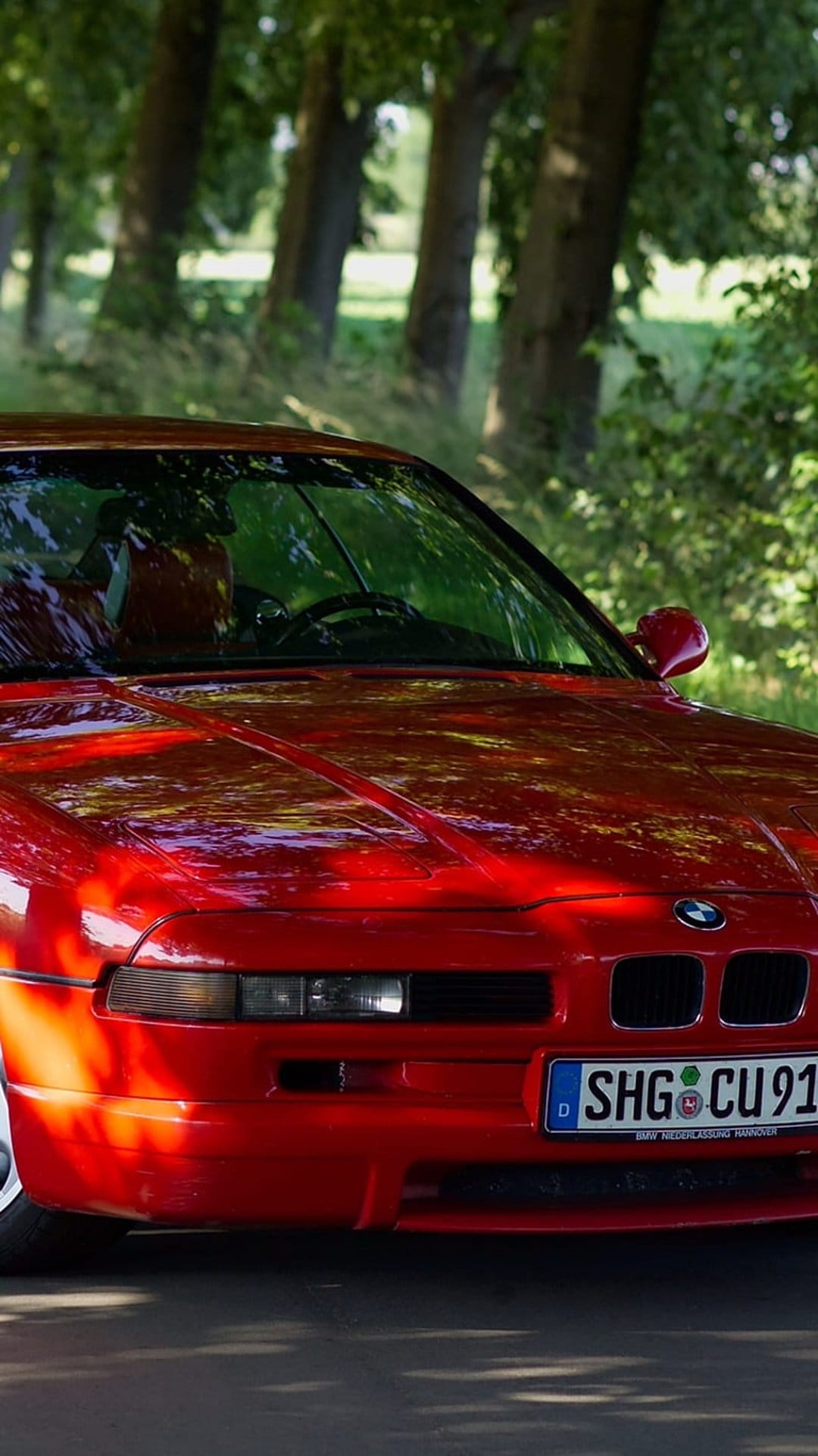 Red BMW 8 Series coupe with a German license plate drives on a sun-drenched road through a leafy green forest.