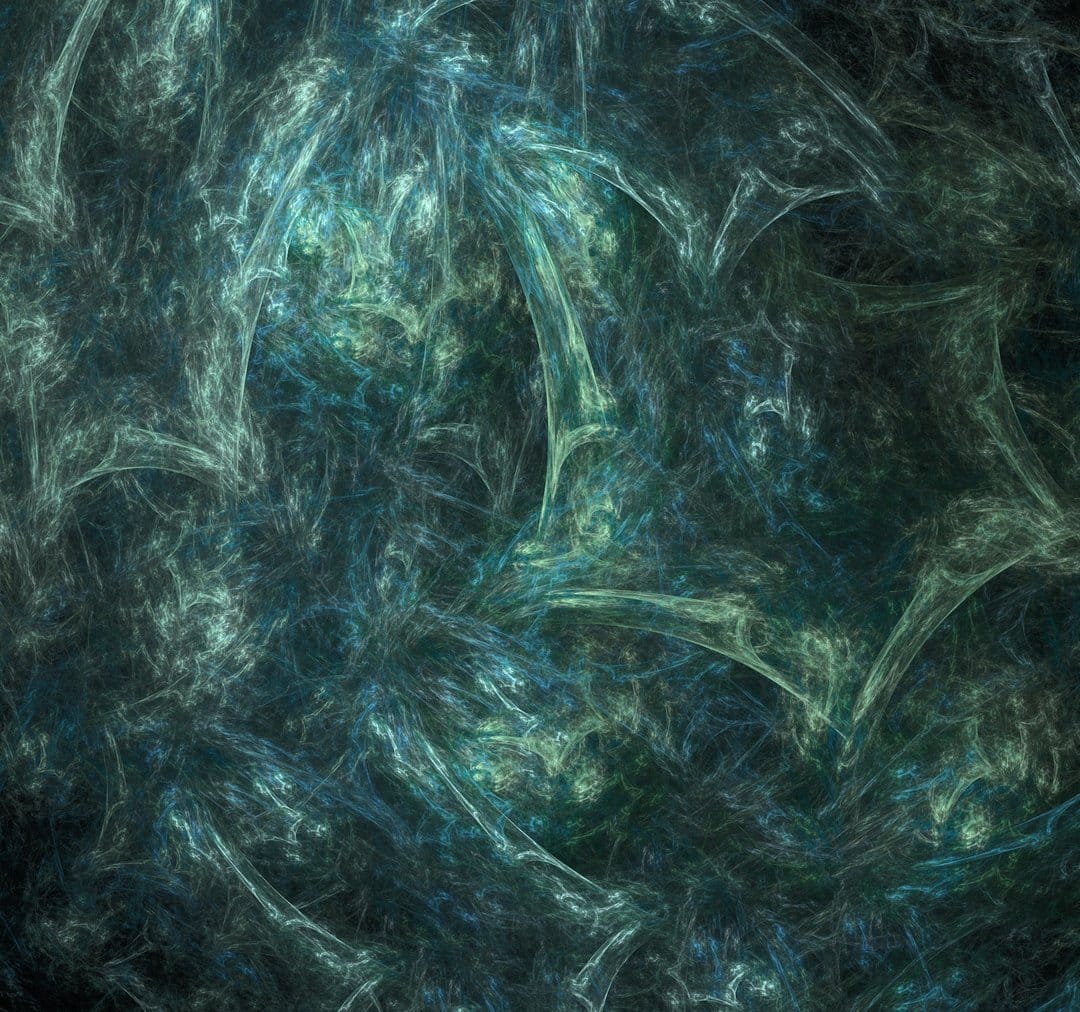 Swirling teal and aqua fractal filaments weave together in a fluid, cosmic pattern with deep blue depth.