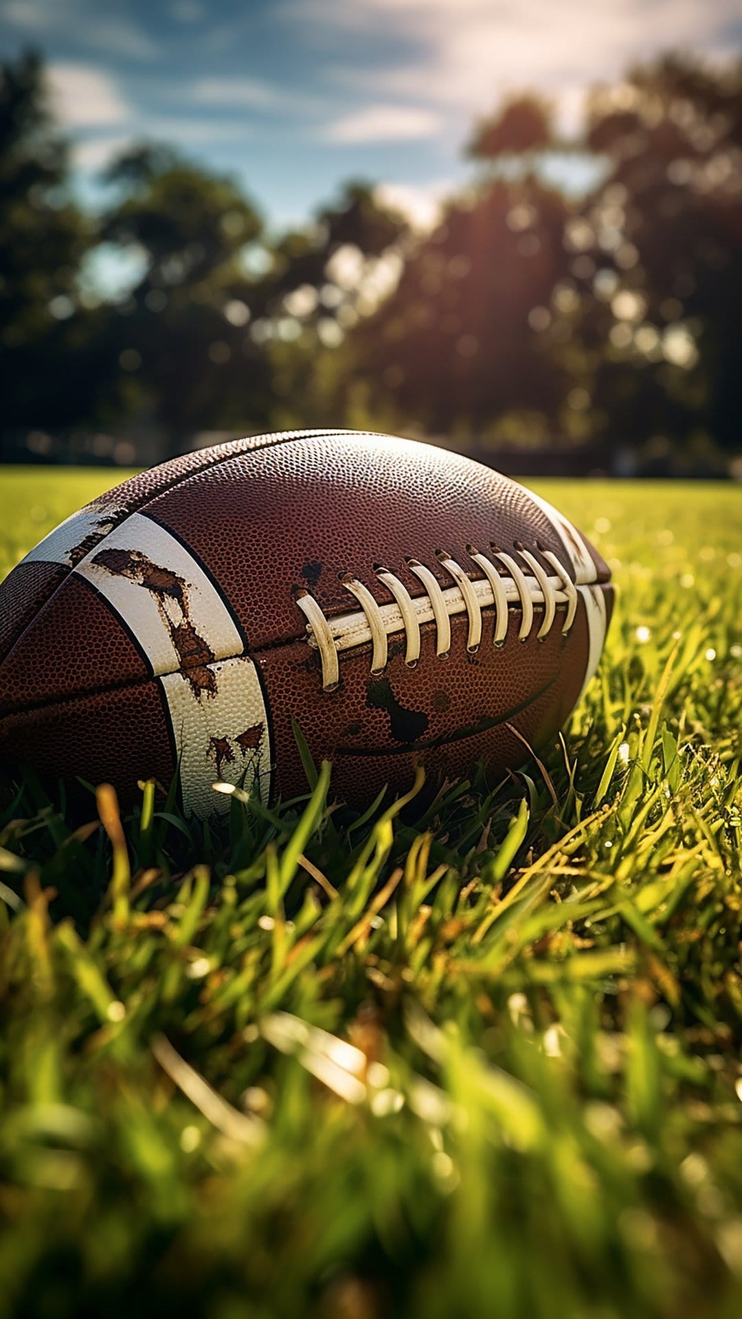 American football with white laces rests on bright green grass under soft sunlight in a vertical close-up.