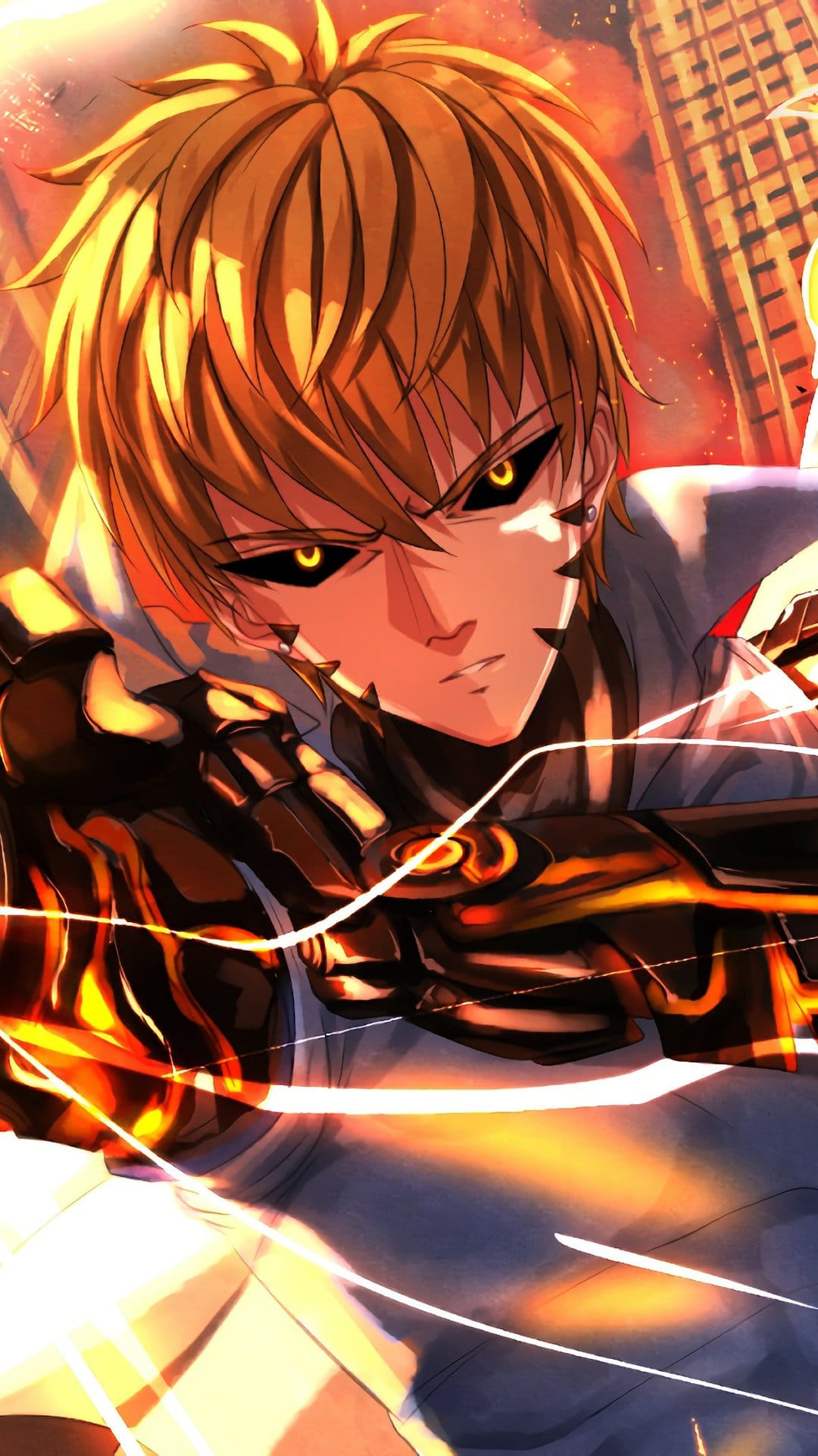 Genos discharges a massive orange energy beam from his robotic hands while his yellow eyes glow intensely.