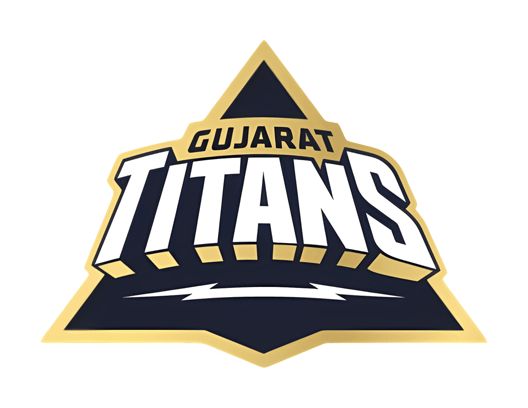 Gujarat Titans logo featuring a navy blue apex shield with a gold lightning bolt and white sans-serif text.