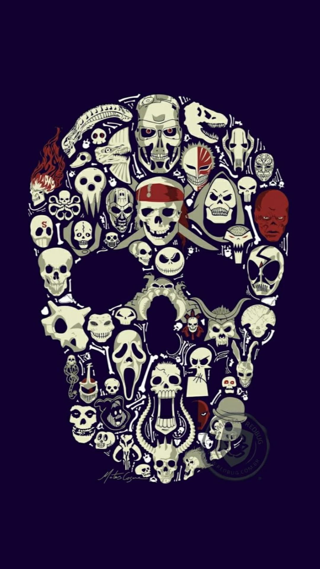 Human skull silhouette composed of hundreds of miniature horror movie characters and gothic creature faces.