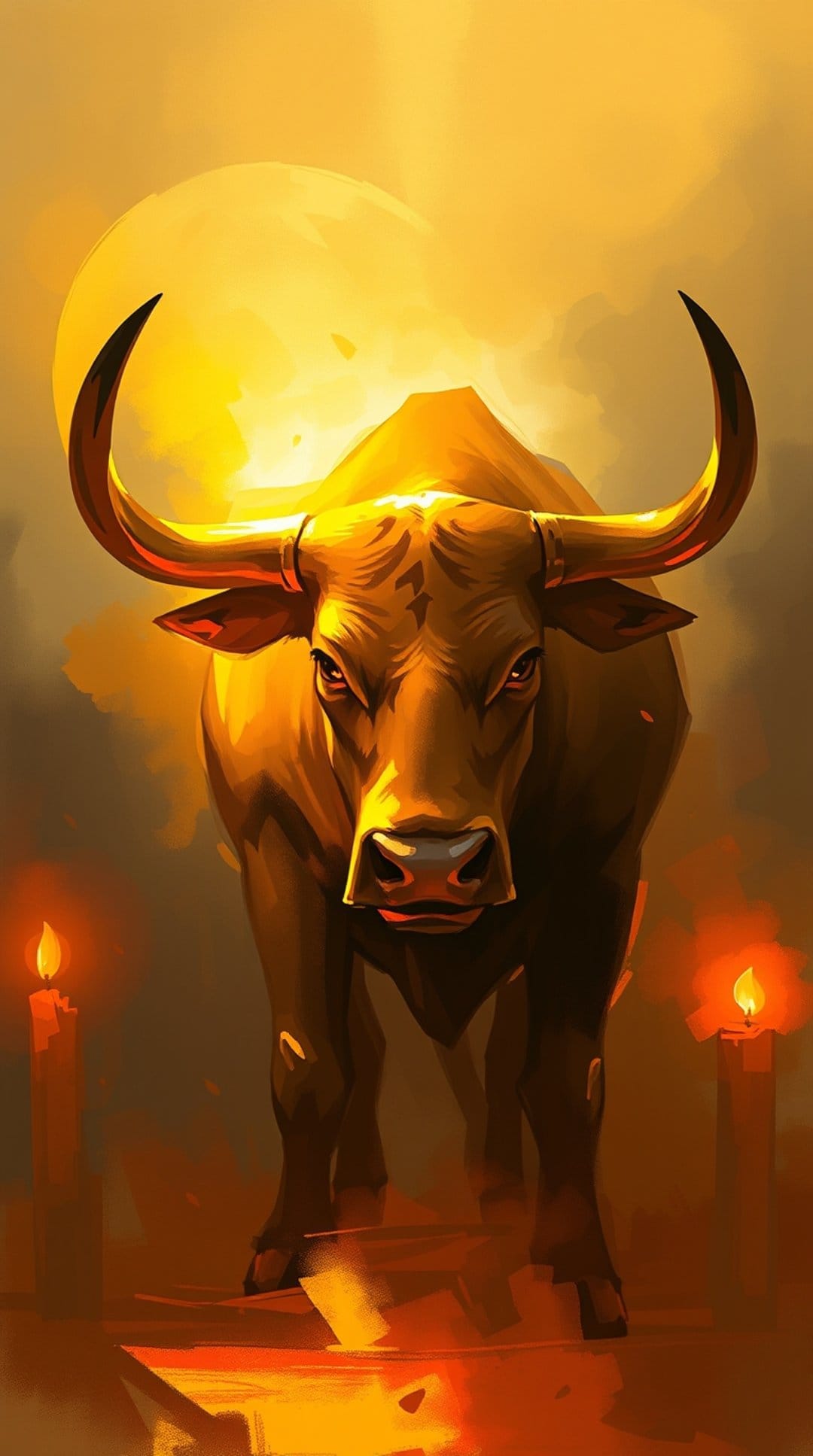 Golden bull with large horns stands between two lit candles under a massive, radiant white full moon in the sky.