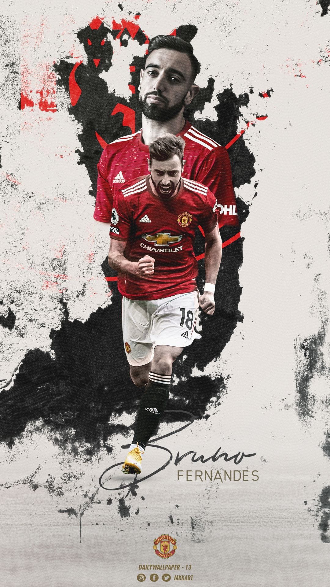 Bruno Fernandes wearing a red Manchester United kit with a grunge background and a club crest at the bottom.