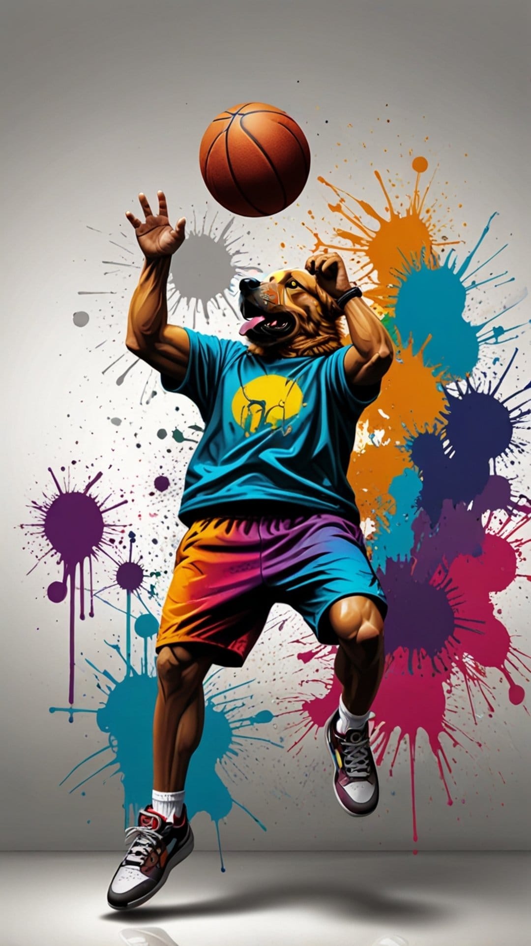 Muscular dog in a blue jersey dunks a basketball while vibrant paint splatters explode in the background.