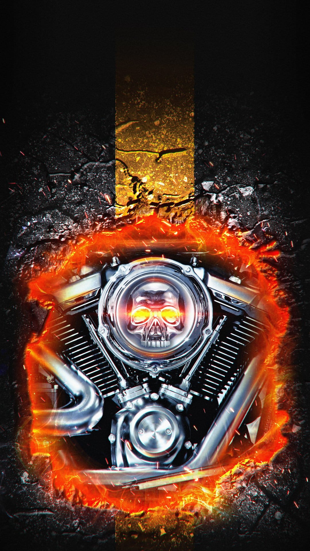 V-twin motorcycle engine engulfed in bright orange flames with a central skull emblem on cracked black asphalt.