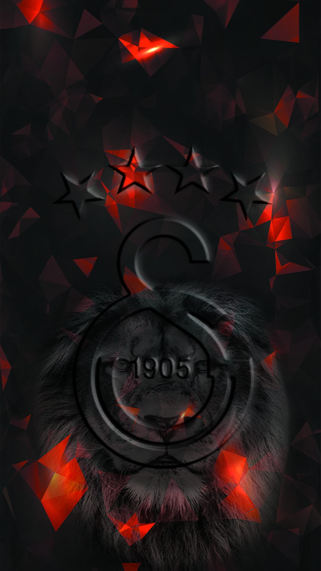 Galatasaray lion logo with 1905 text under four stars sits on a background of red and orange geometric shards.