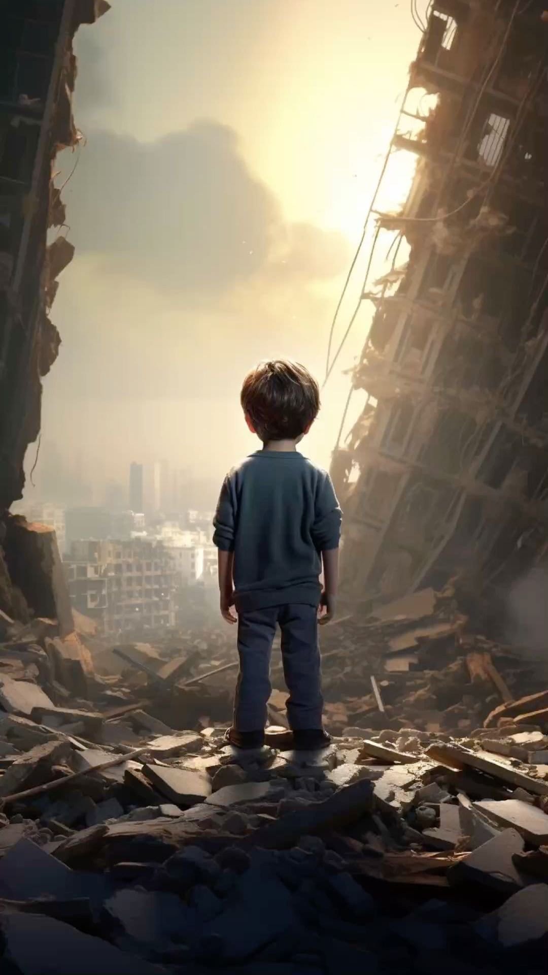 Small child overlooks a destroyed city from a pile of rubble during a misty, golden sunrise with skeletal buildings.