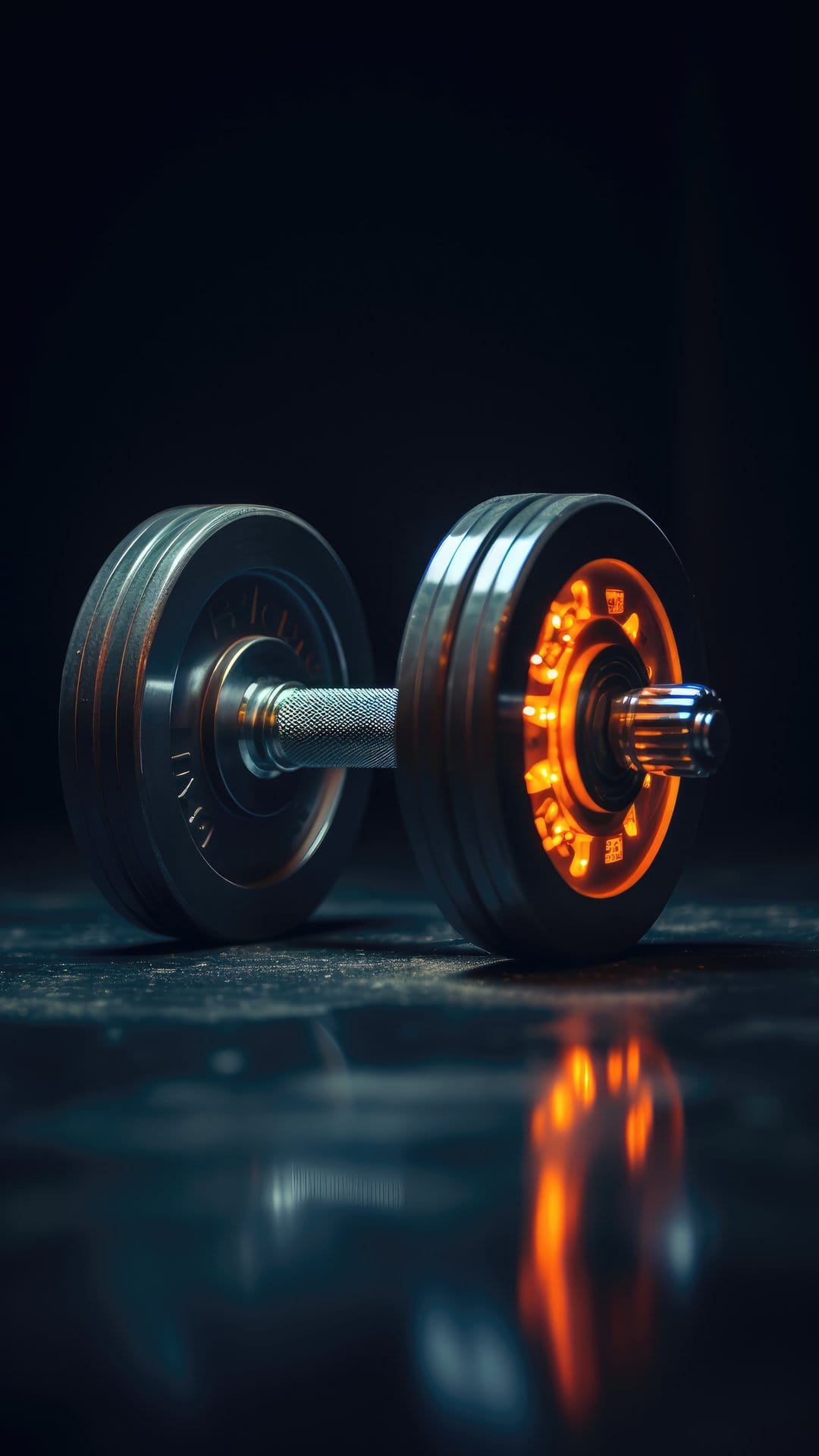 Orange glowing dumbbell on a dark reflective floor features high-tech metallic plates and textured metal grip.