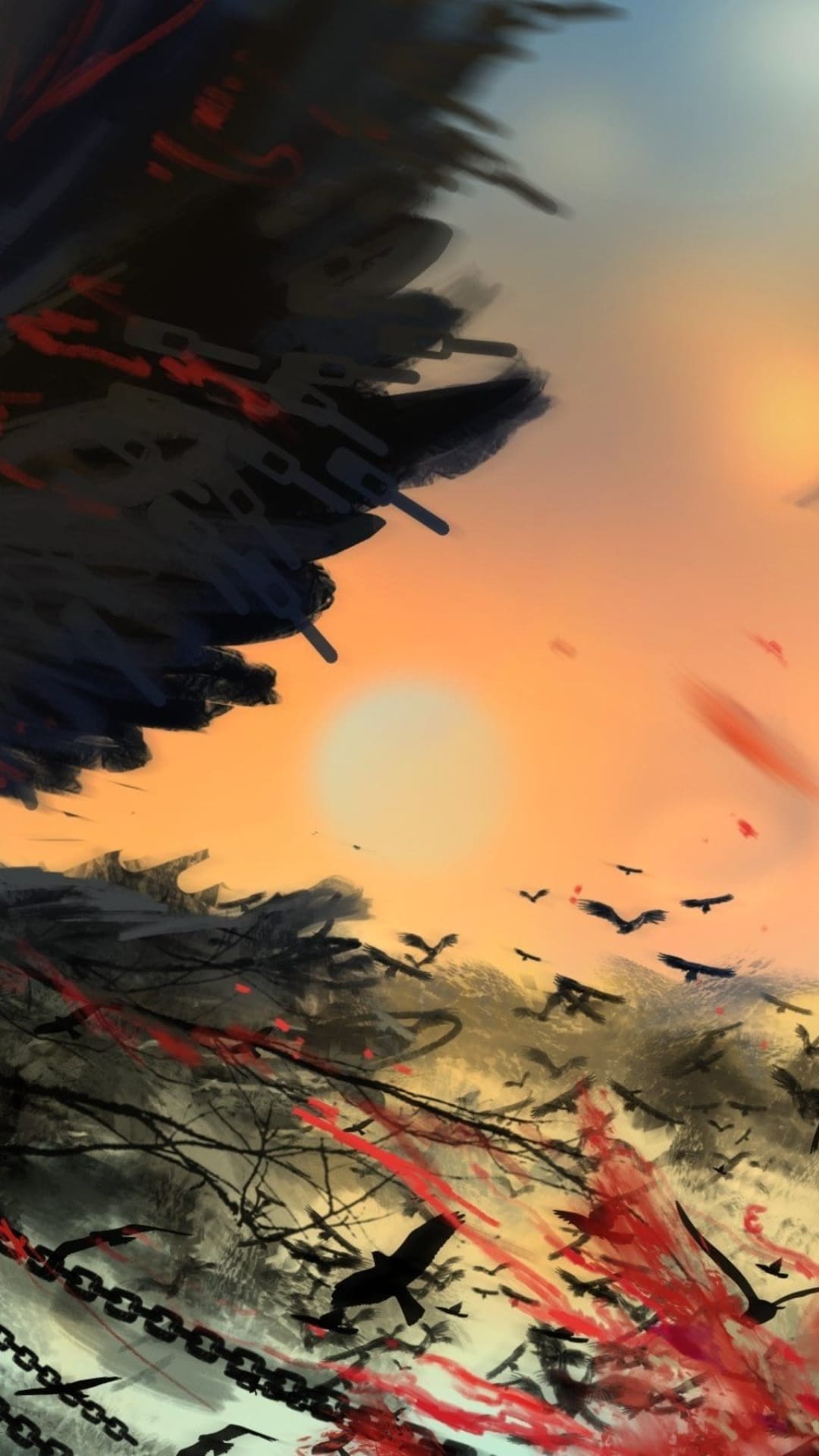 Dark birds fly across a fiery sunset sky filled with red streaks, black branches, and hanging metal chains.