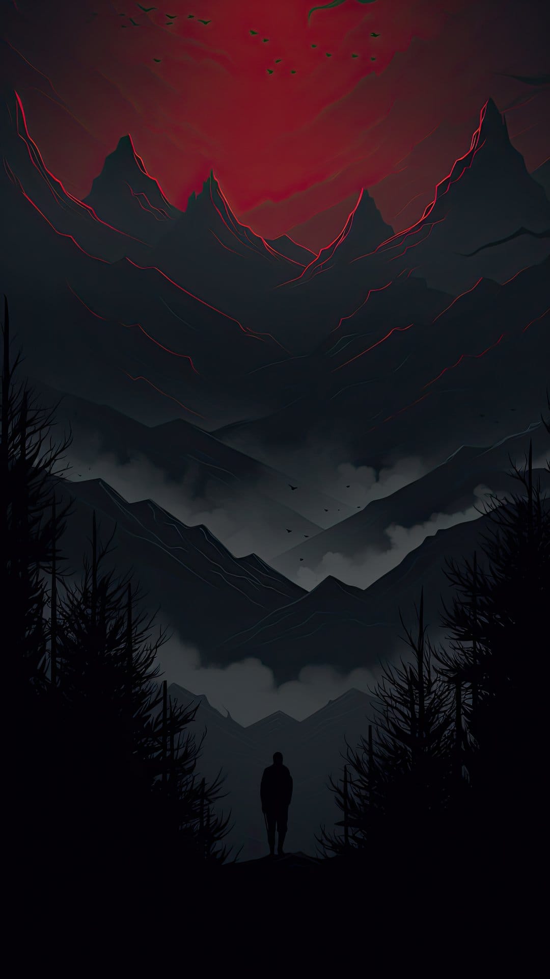 Solitary silhouette stands on a ridge before misty dark mountains glowing under a vivid red crimson sky.